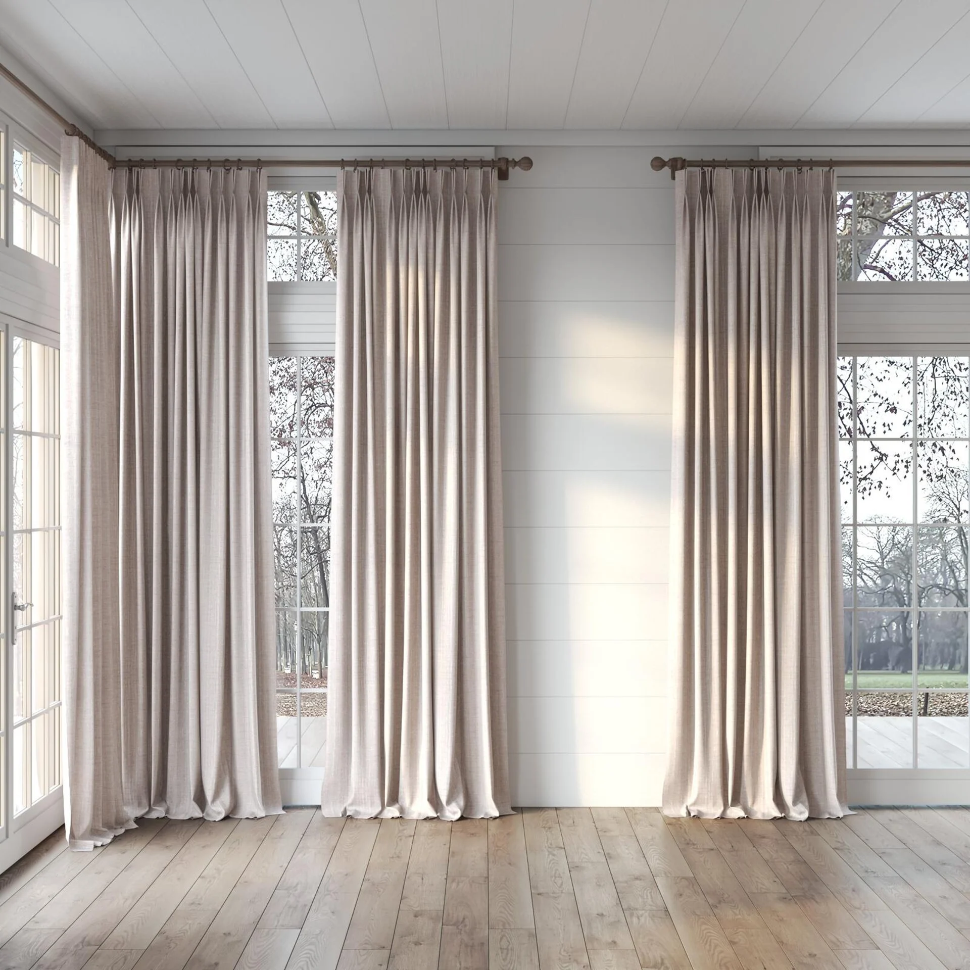 Full view of Iconic Putty, puddled, on curtain rod