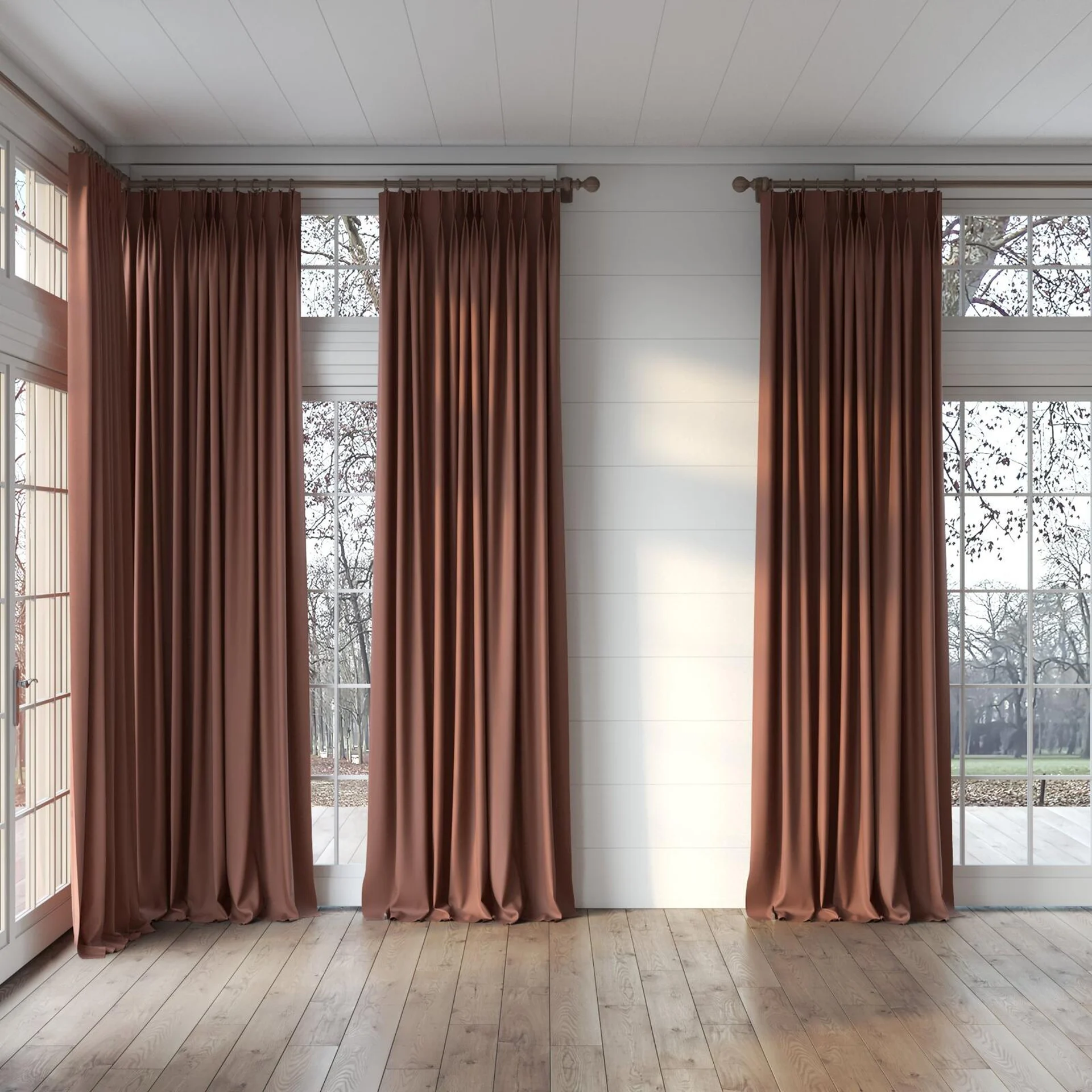 Full view of Element Terracotta, puddled, on curtain rod
