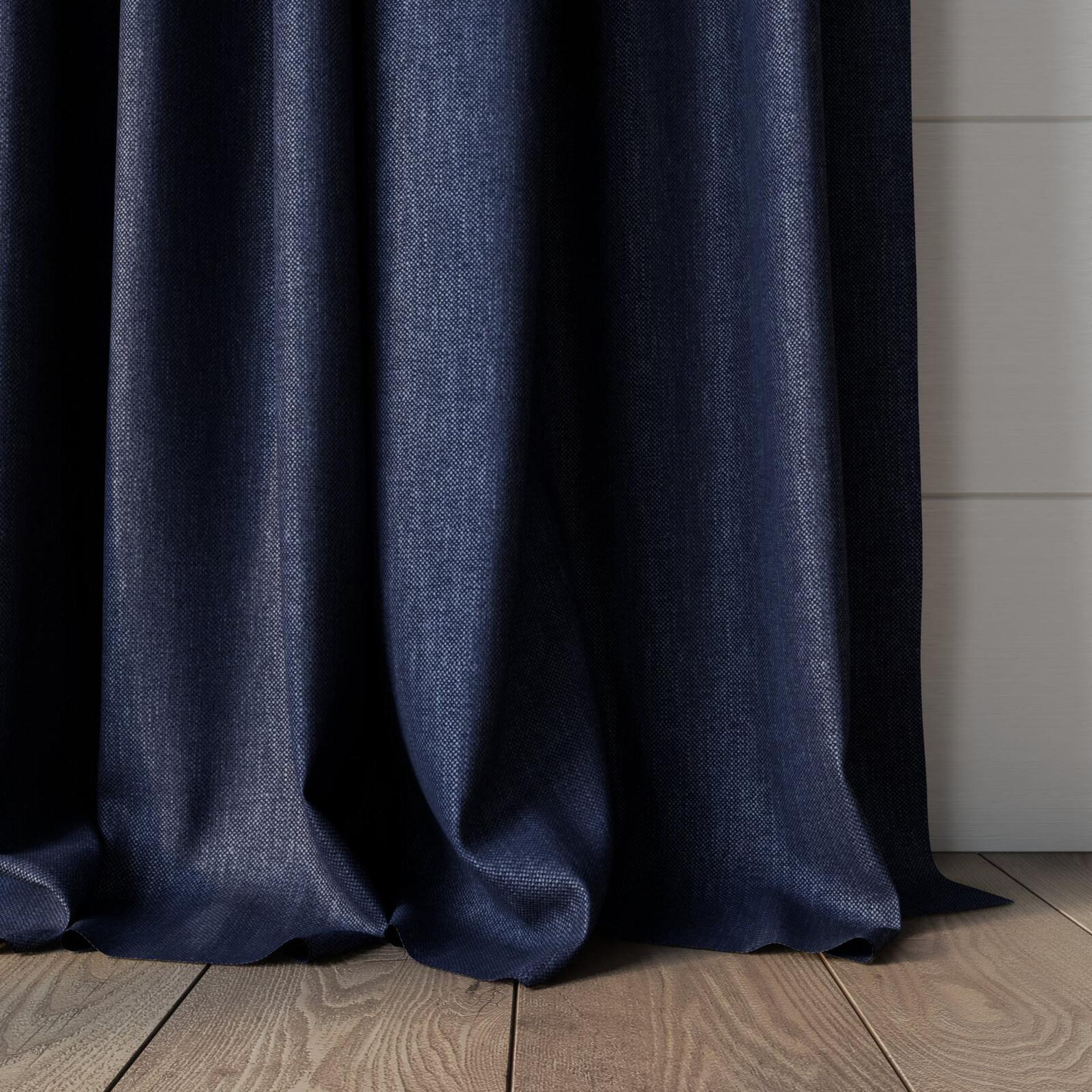 Bottom view of Perfecto Navy, puddled, on curtain rod