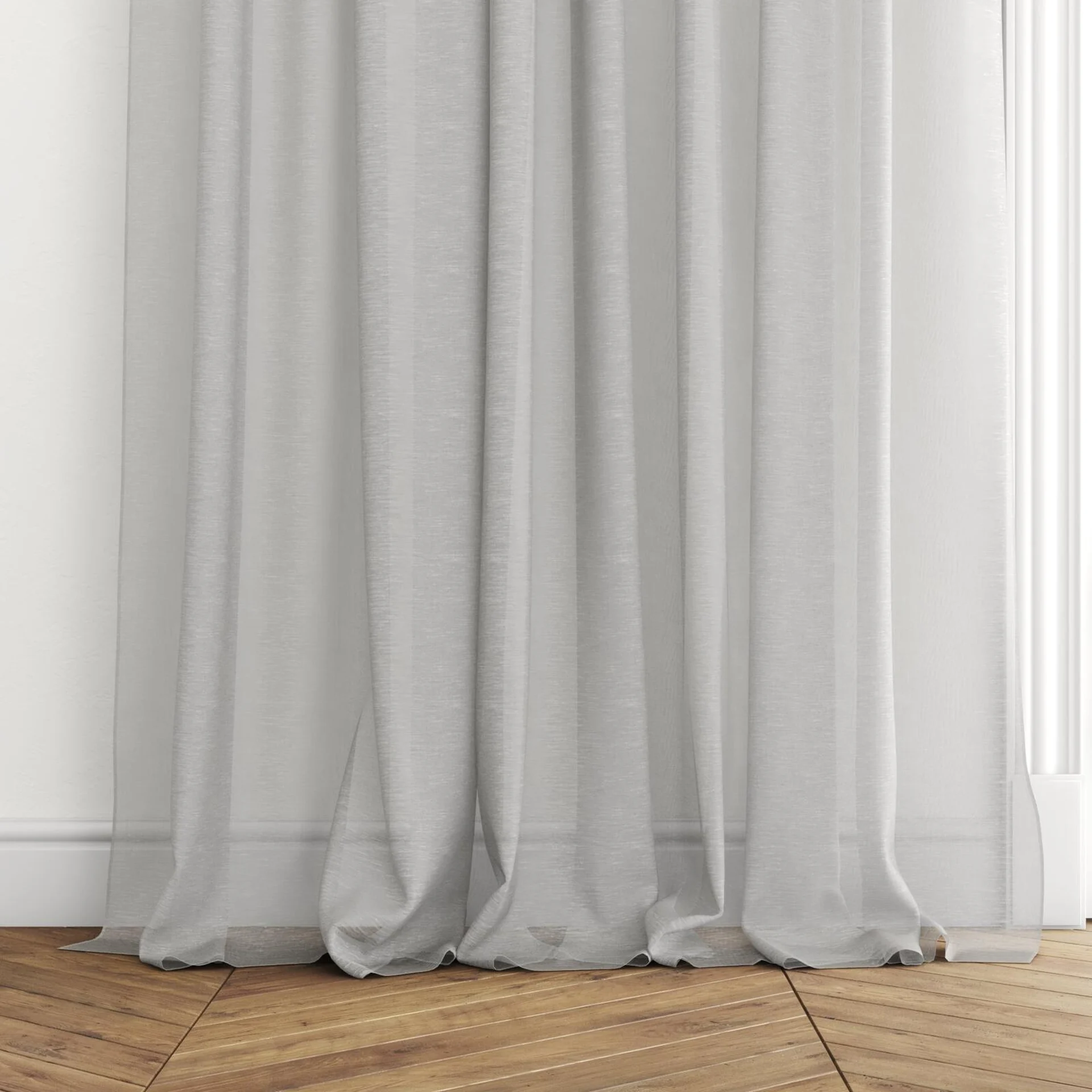 Bottom view of Locomotion Cloud, puddled with pinch pleat, on curtain rod