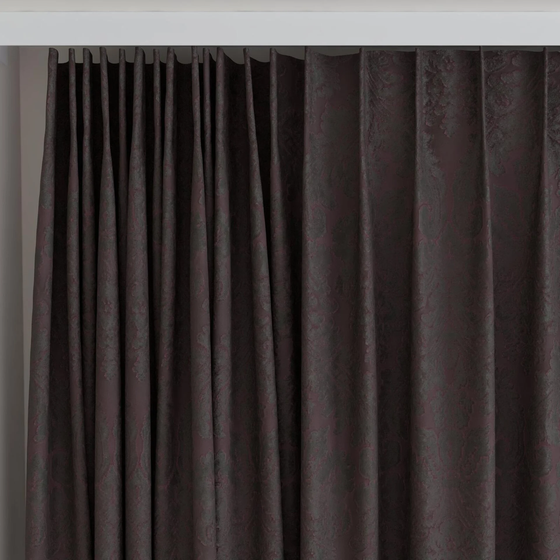 Top view of Gosh Aubergine, on curtain rail
