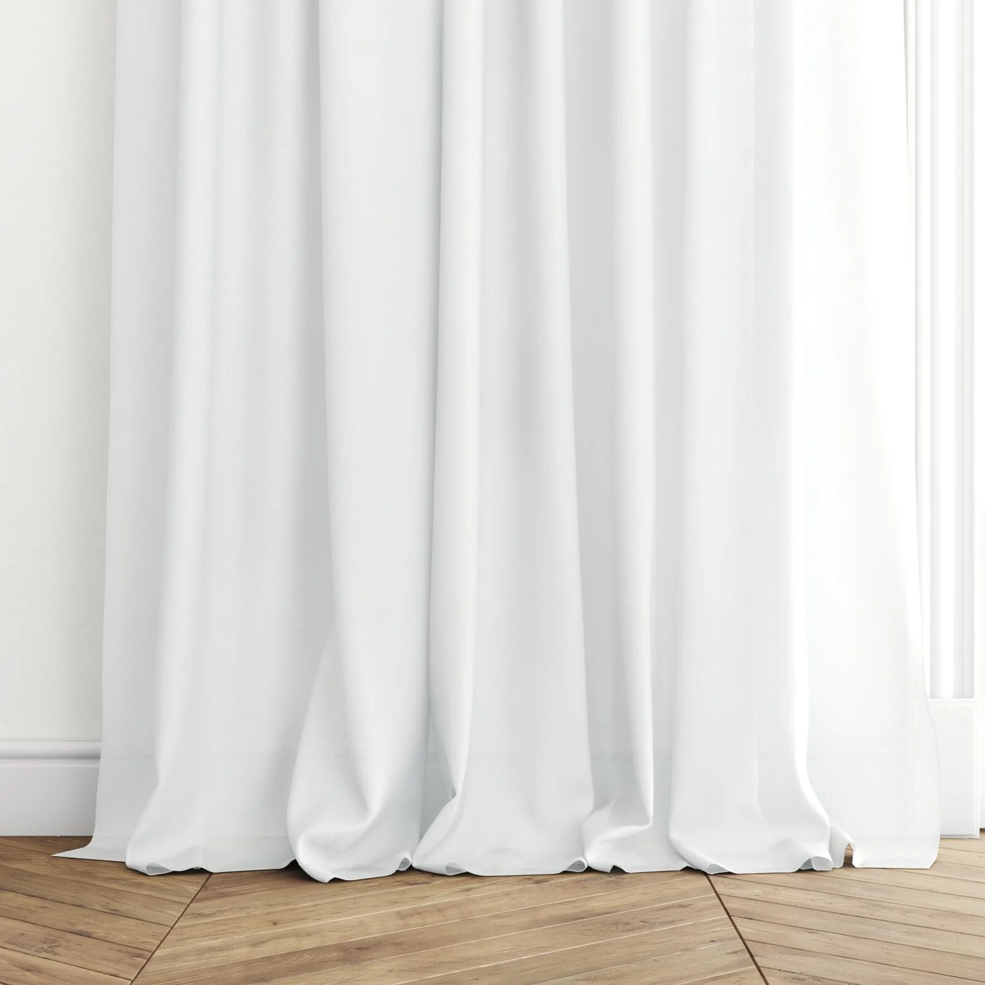 Bottom view of Sunlight Swan, puddled with pinch pleat, on curtain rod