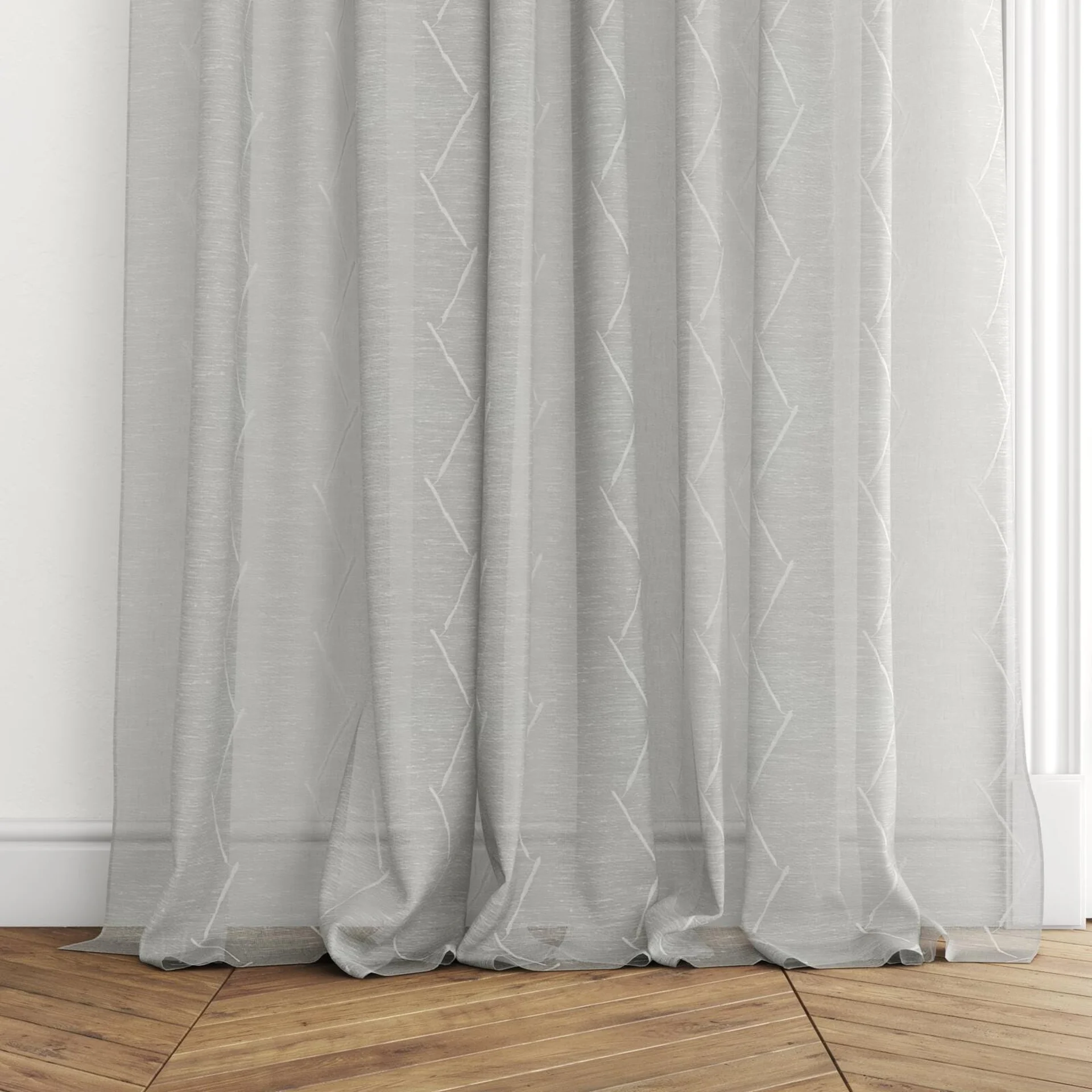 Bottom view of Freemans Concrete, puddled with pinch pleat, on curtain rod