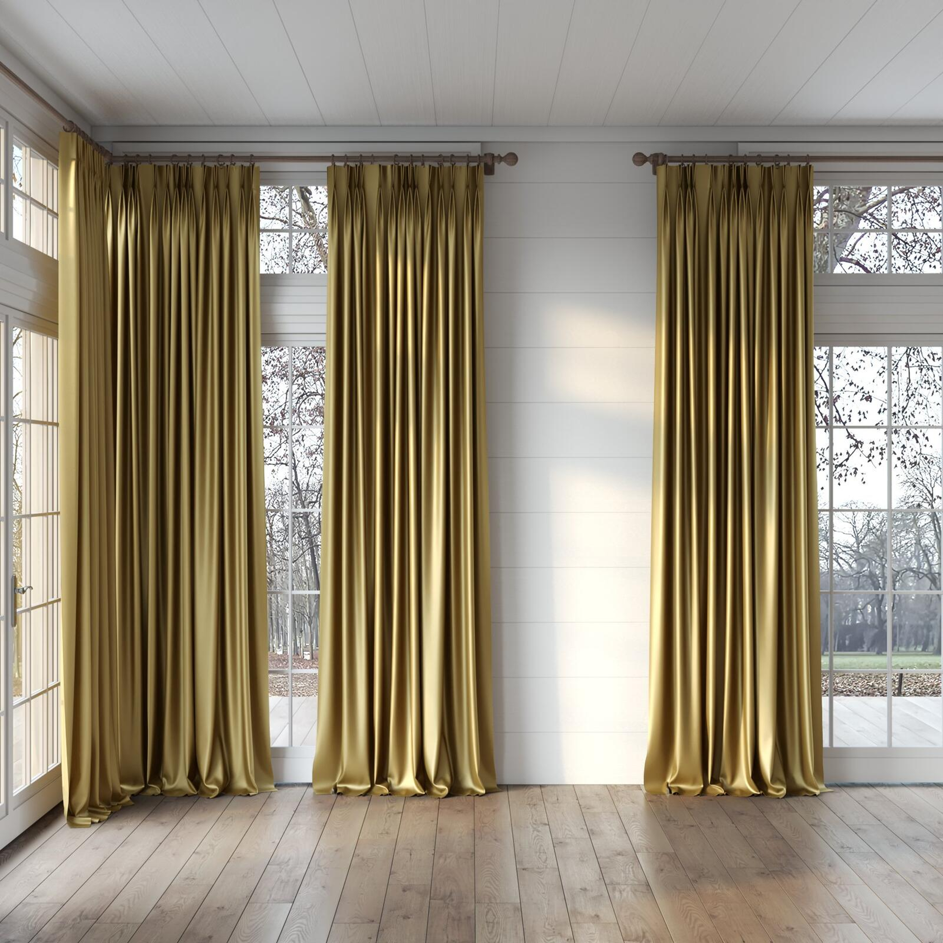 Full view of Mania Gold, puddled, on curtain rod