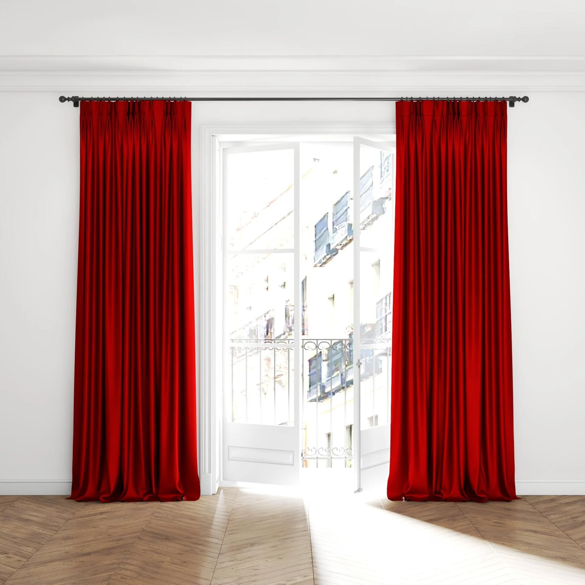 Full view of Mont Blanc Canyon, puddled with pinch pleat, on curtain rod