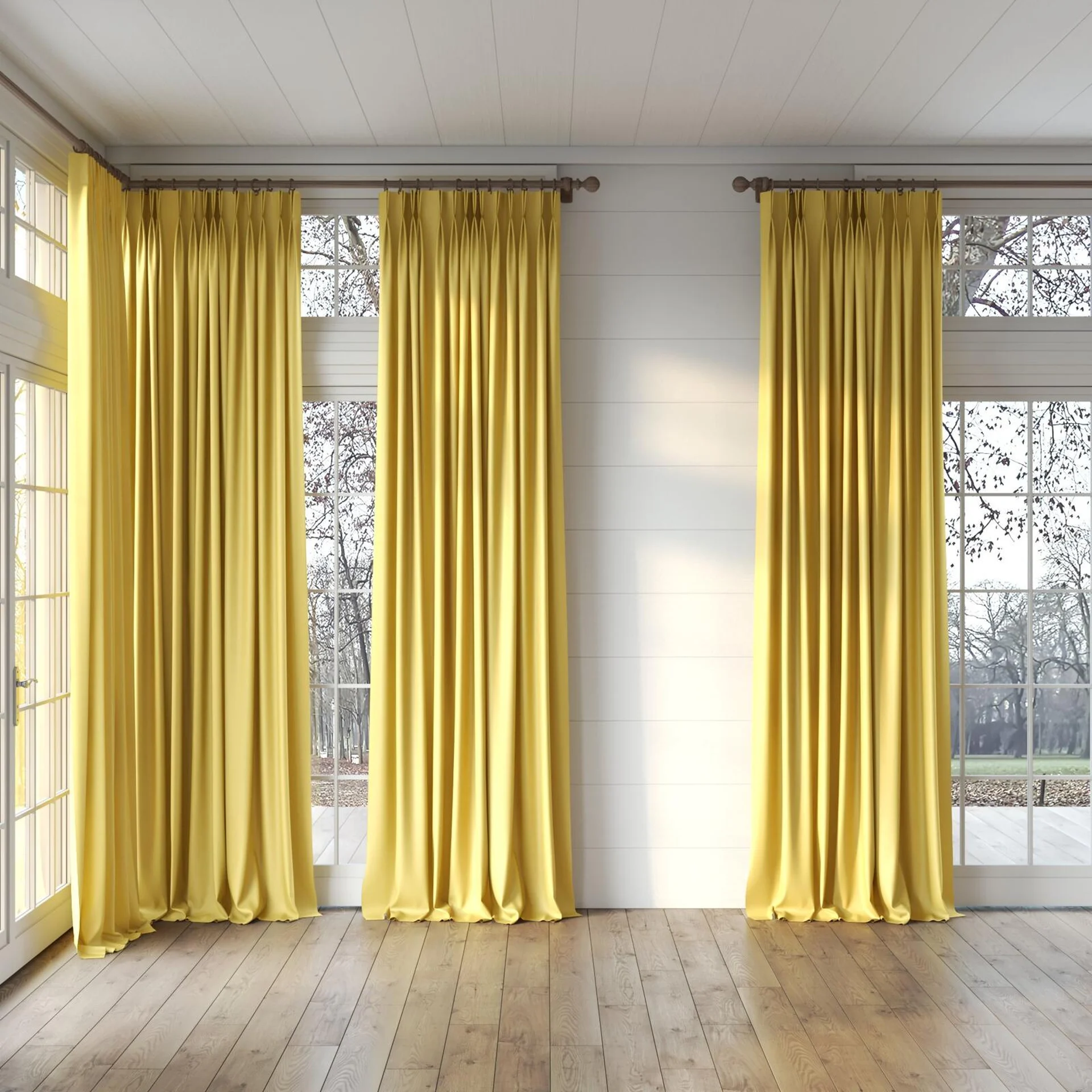 Full view of Re-Vive Sunflower, puddled, on curtain rod