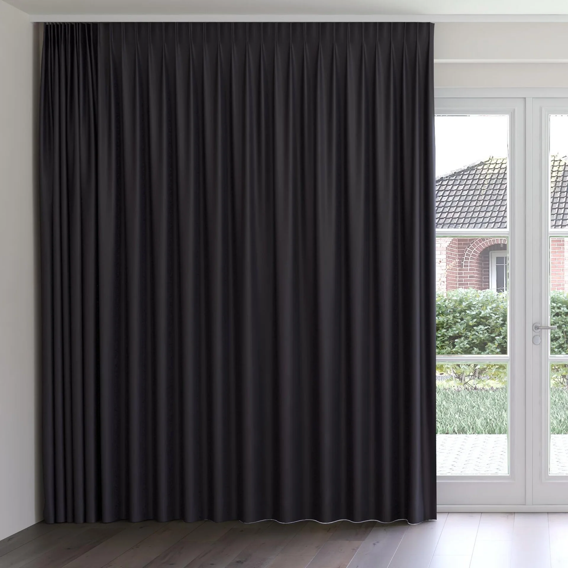 Front view of Hastings Black, on curtain rail