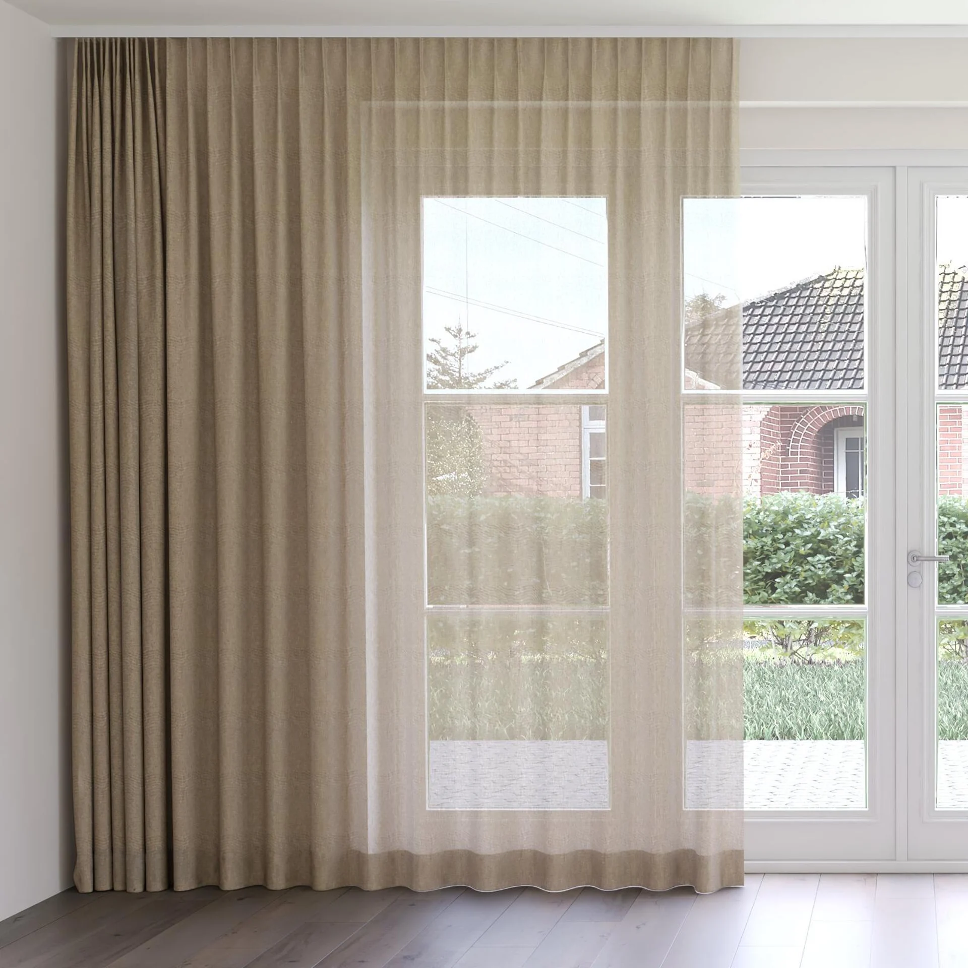 Front view of Gesso Lino Bamboo, on curtain rail