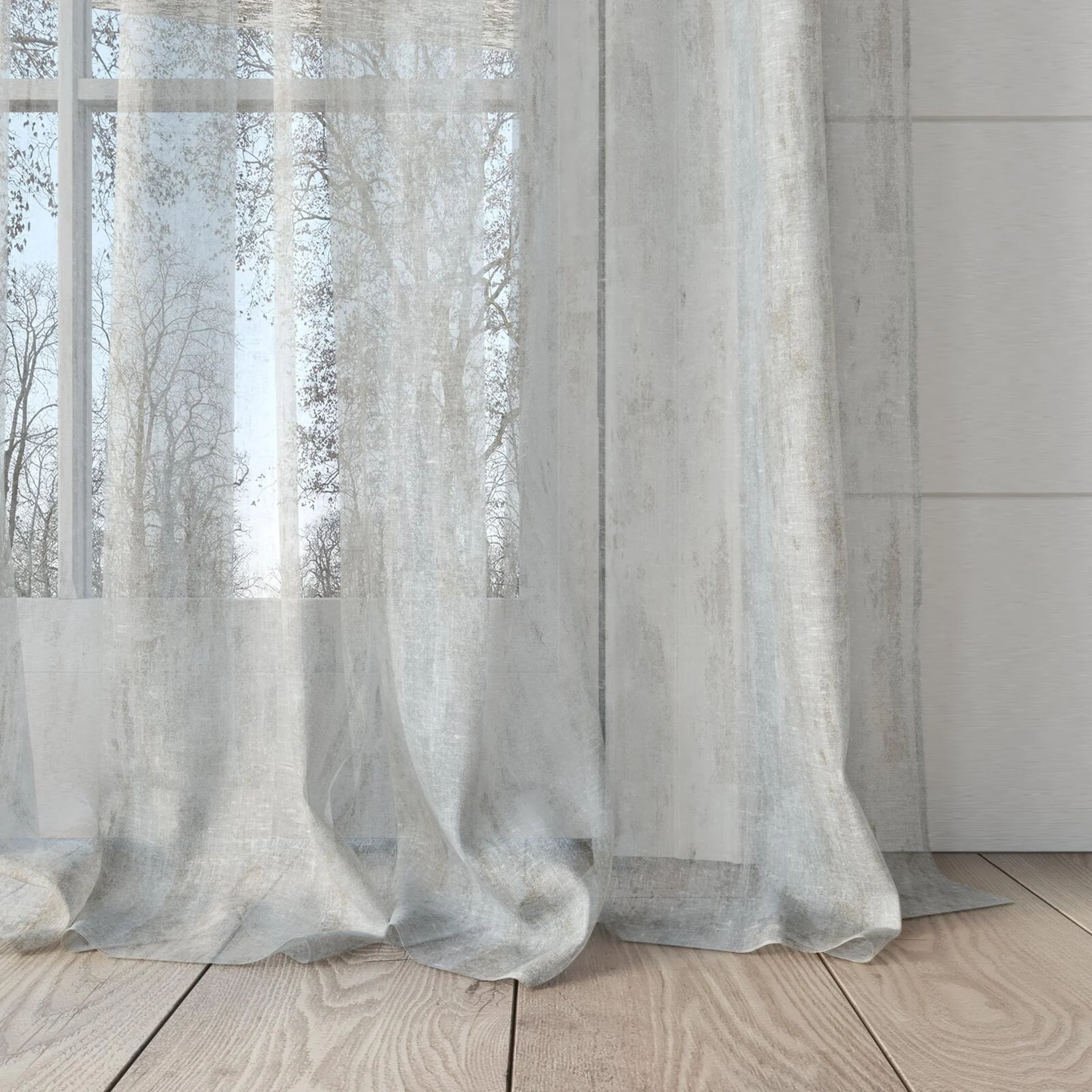 Bottom view of Tellaro Ice, puddled, on curtain rod