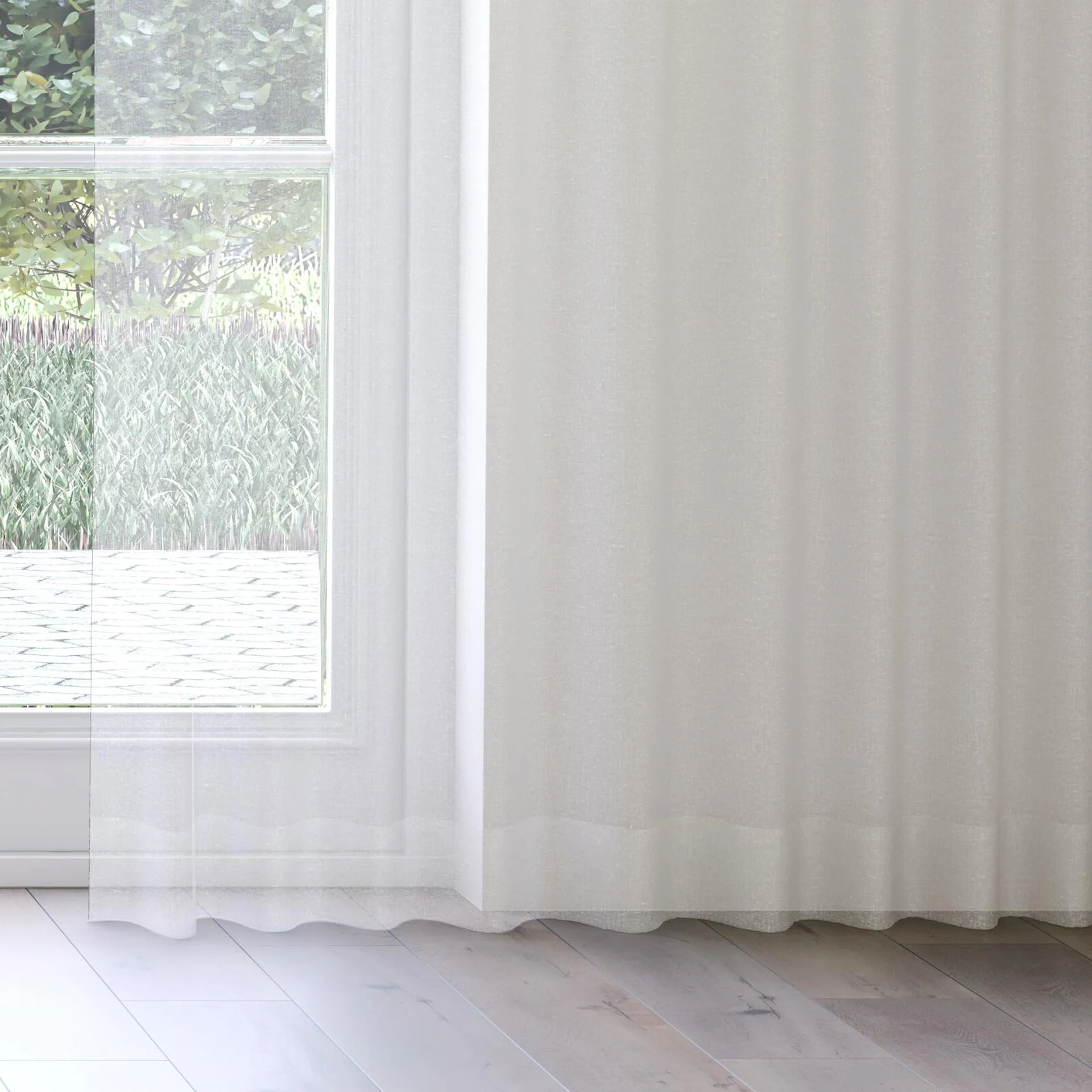 Bottom view of Rhyme Ecru, on curtain rail