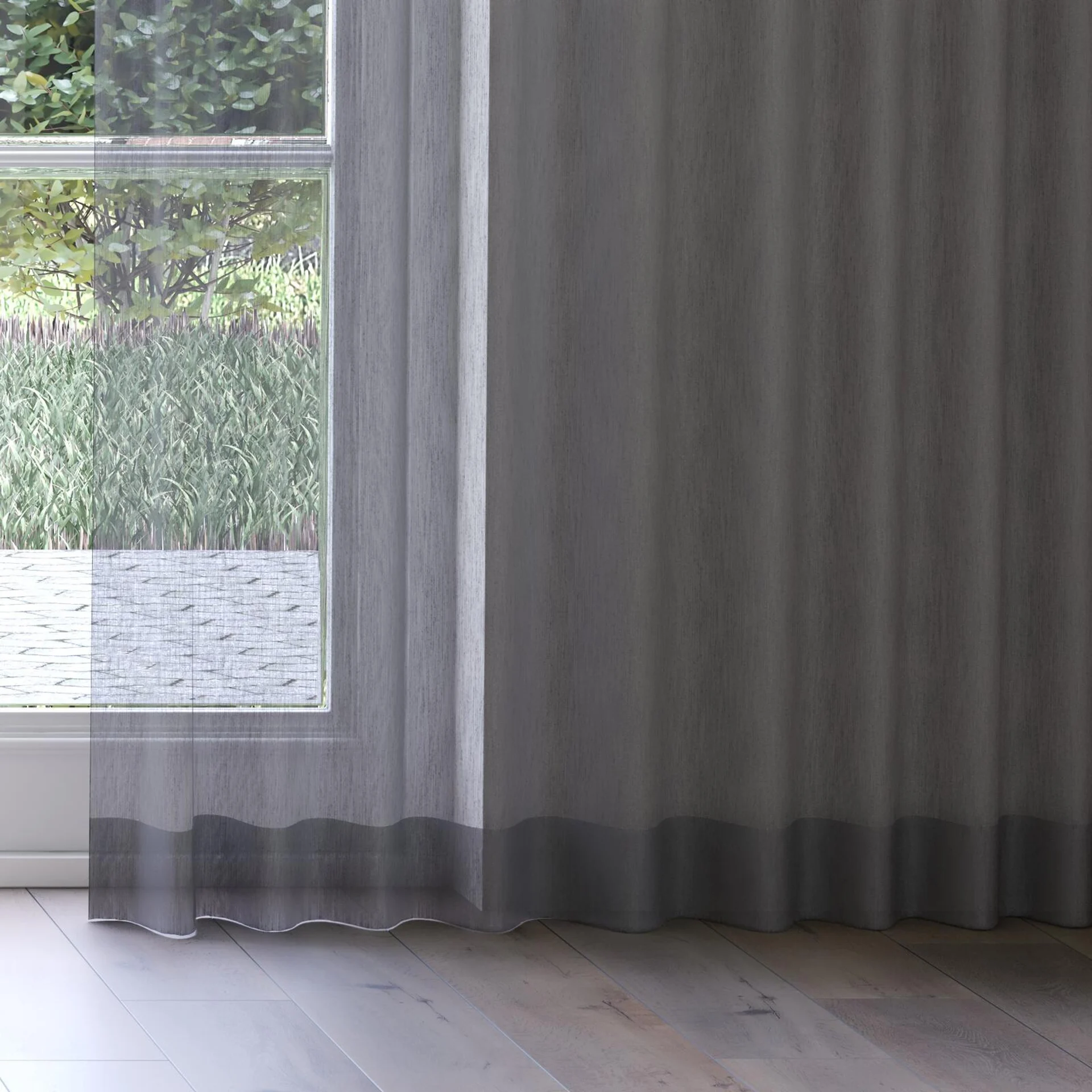 Bottom view of Stratus Charcoal, on curtain rail