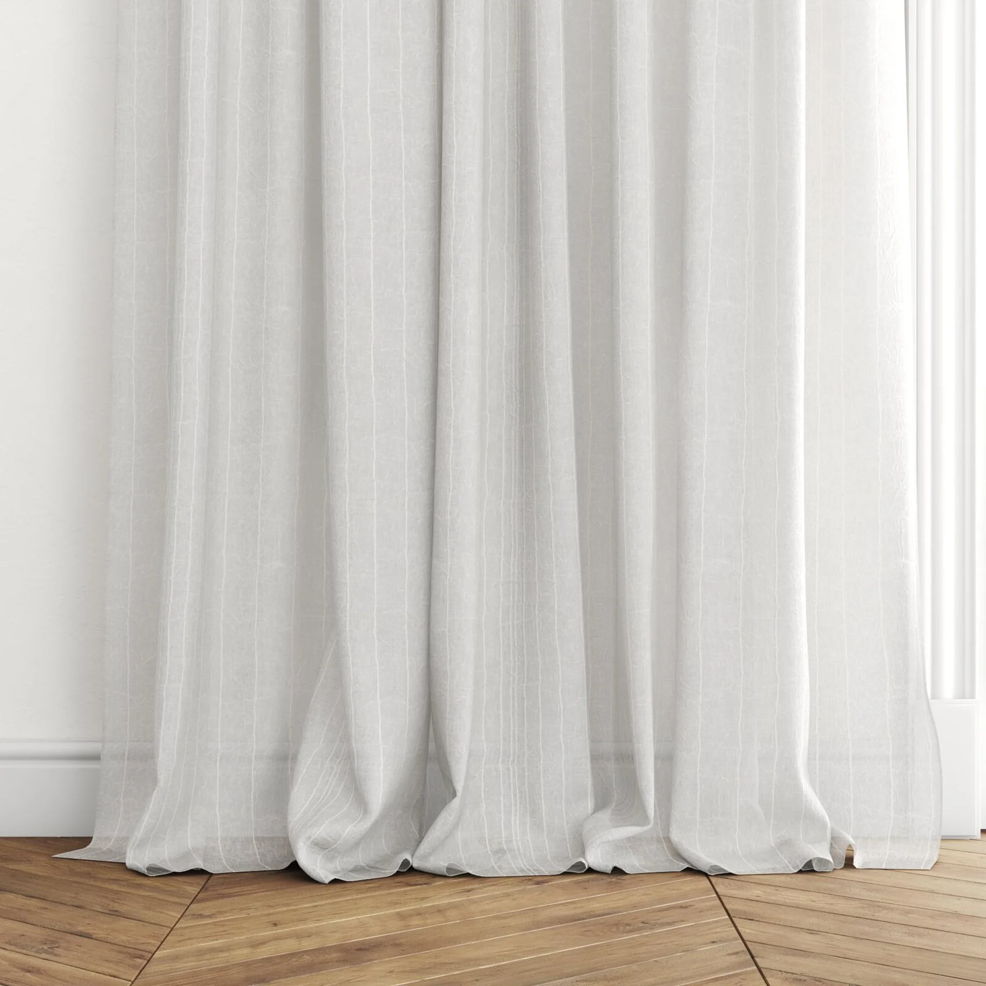 Bottom view of Mira Champagne, puddled with pinch pleat, on curtain rod