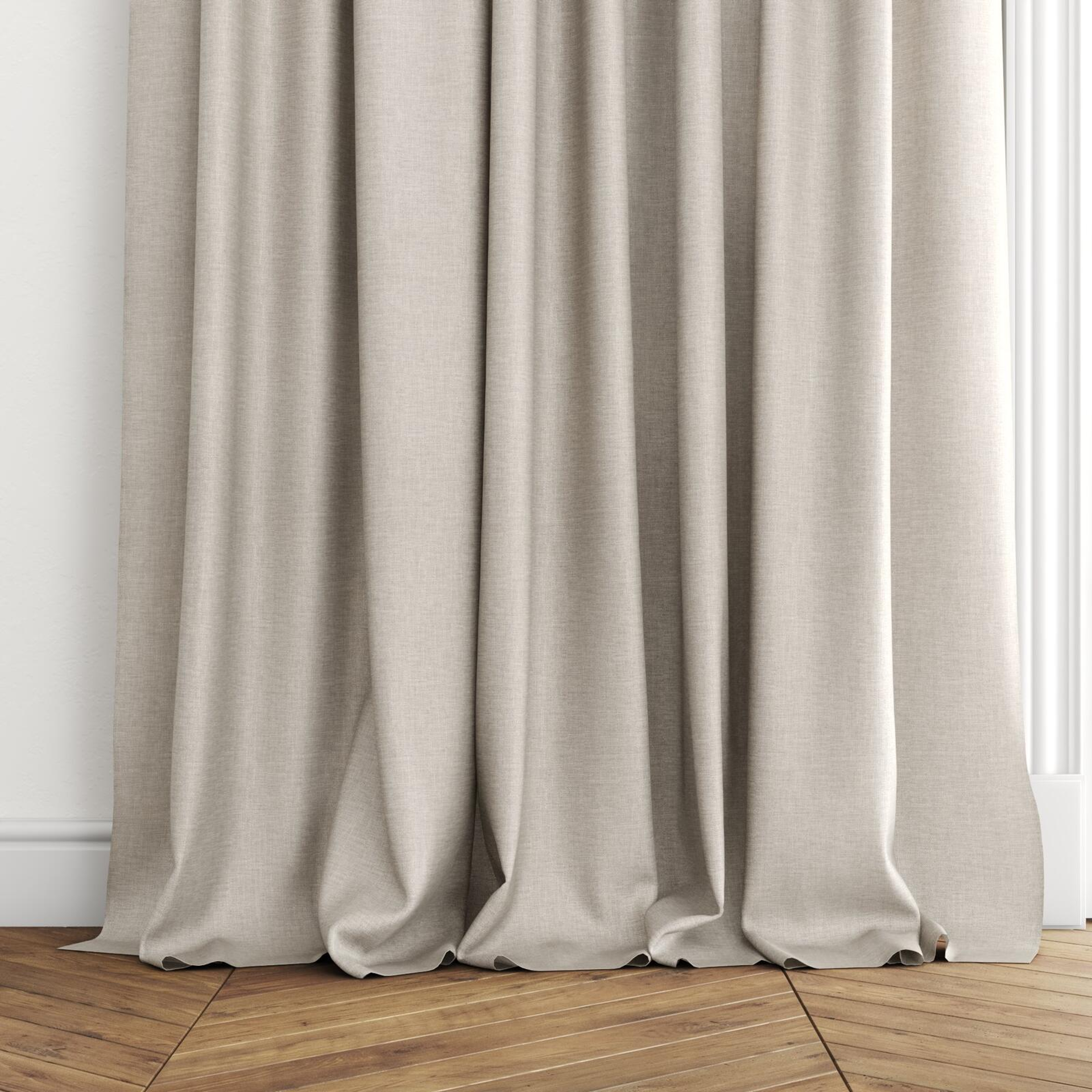 Bottom view of Oxidant Stone, puddled with pinch pleat, on curtain rod