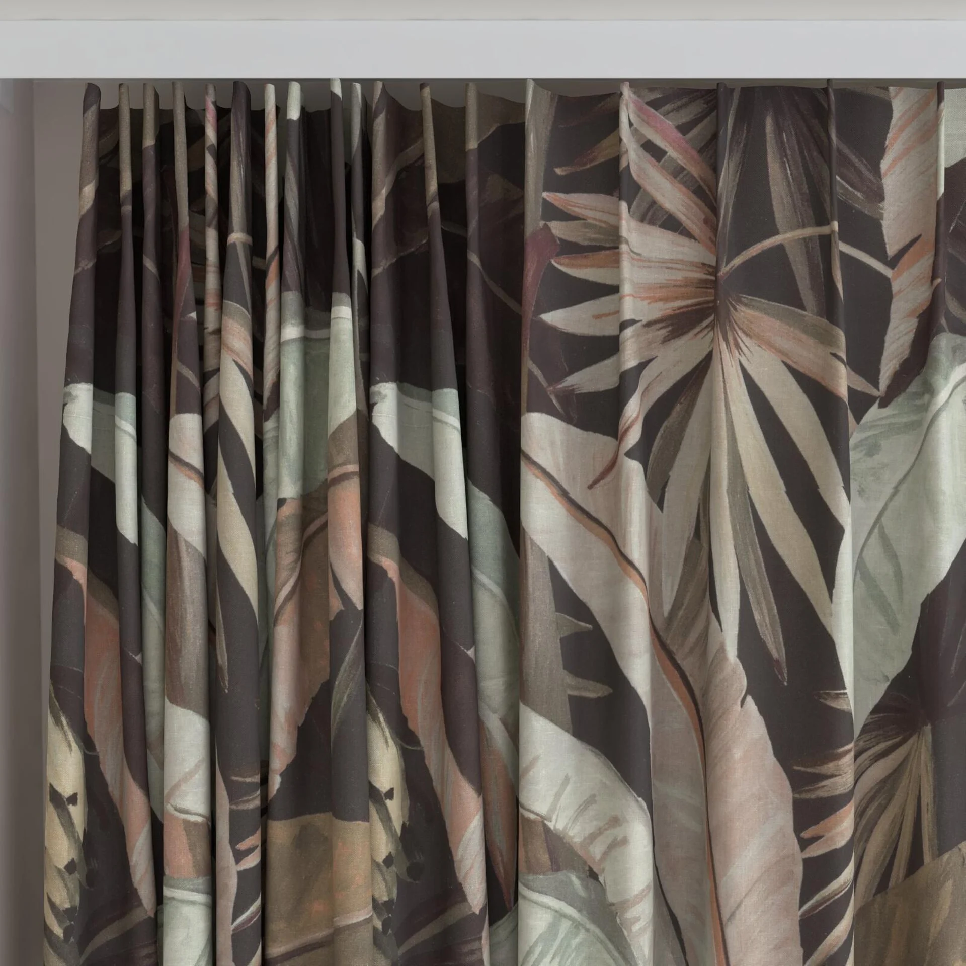 Top view of La Palma Sepia, on curtain rail