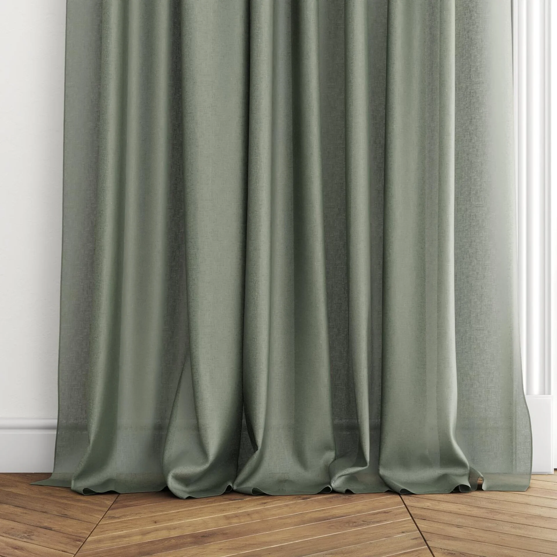 Bottom view of Kanji Teal, puddled with pinch pleat, on curtain rod