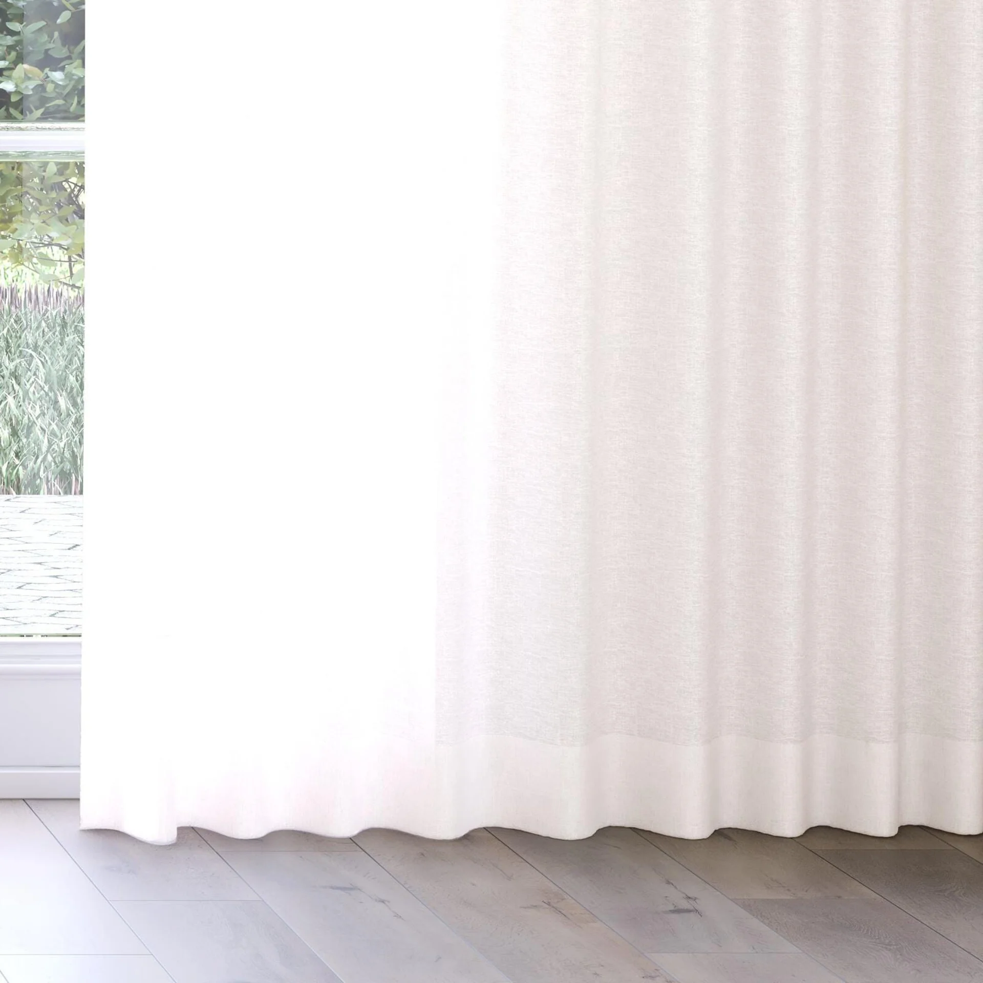 Bottom view of Shoji Blush, on curtain rail