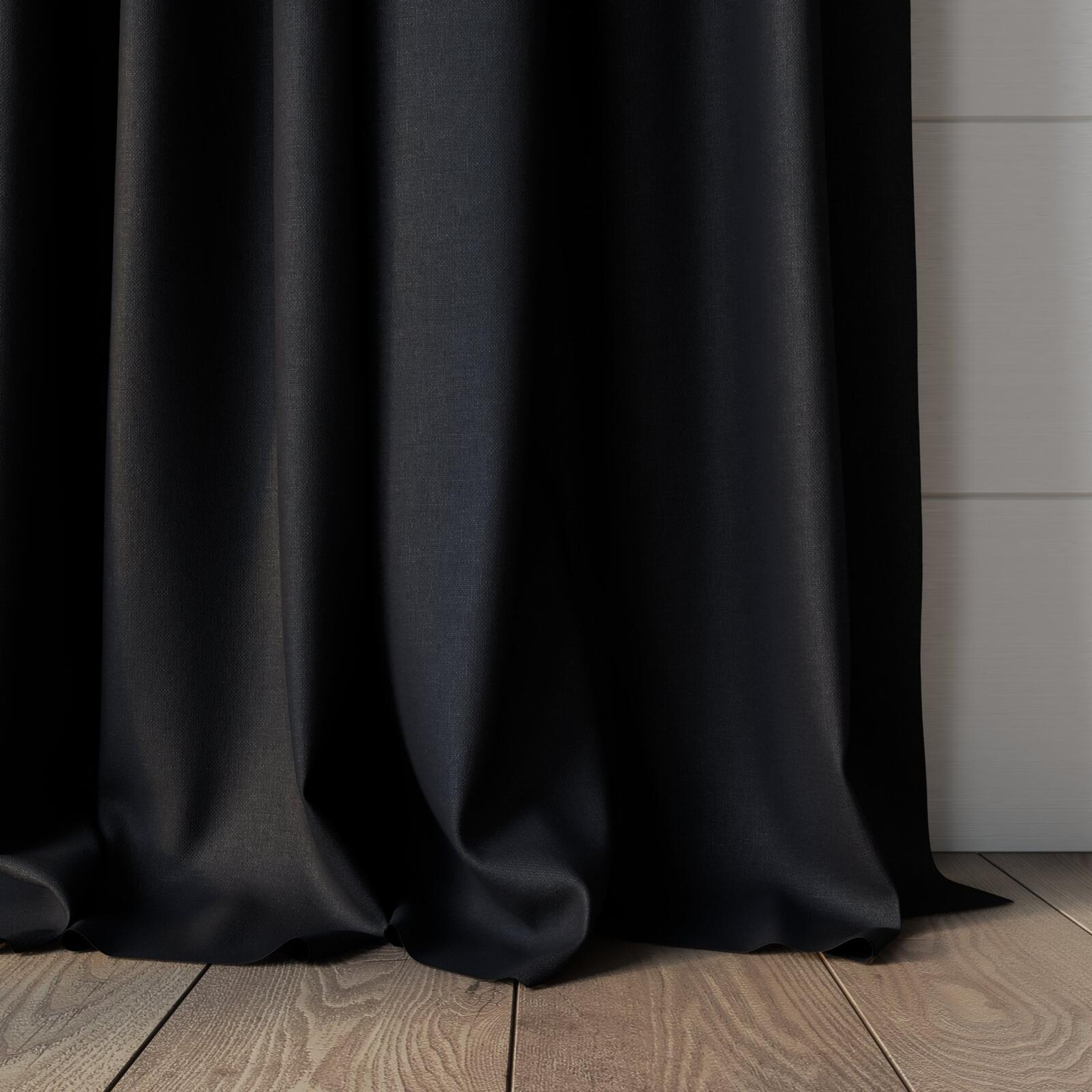 Bottom view of Kanvas Ebony, puddled, on curtain rod