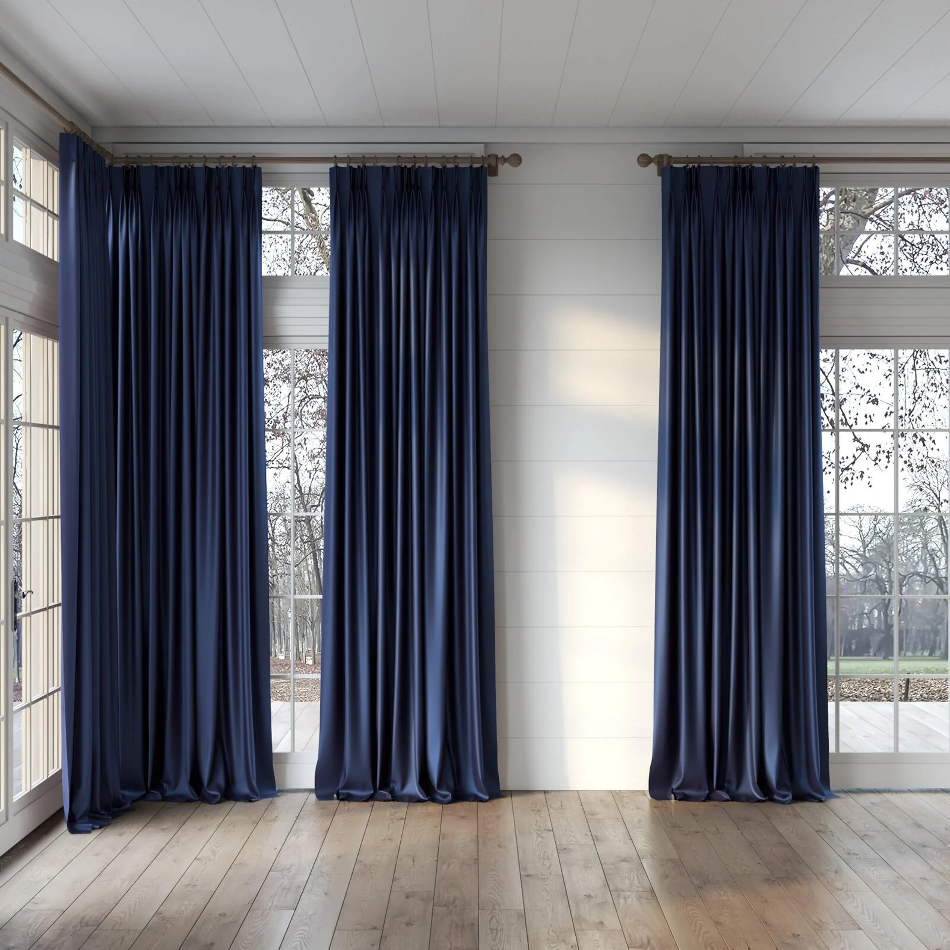 Full view of North Face Stellar, puddled, on curtain rod