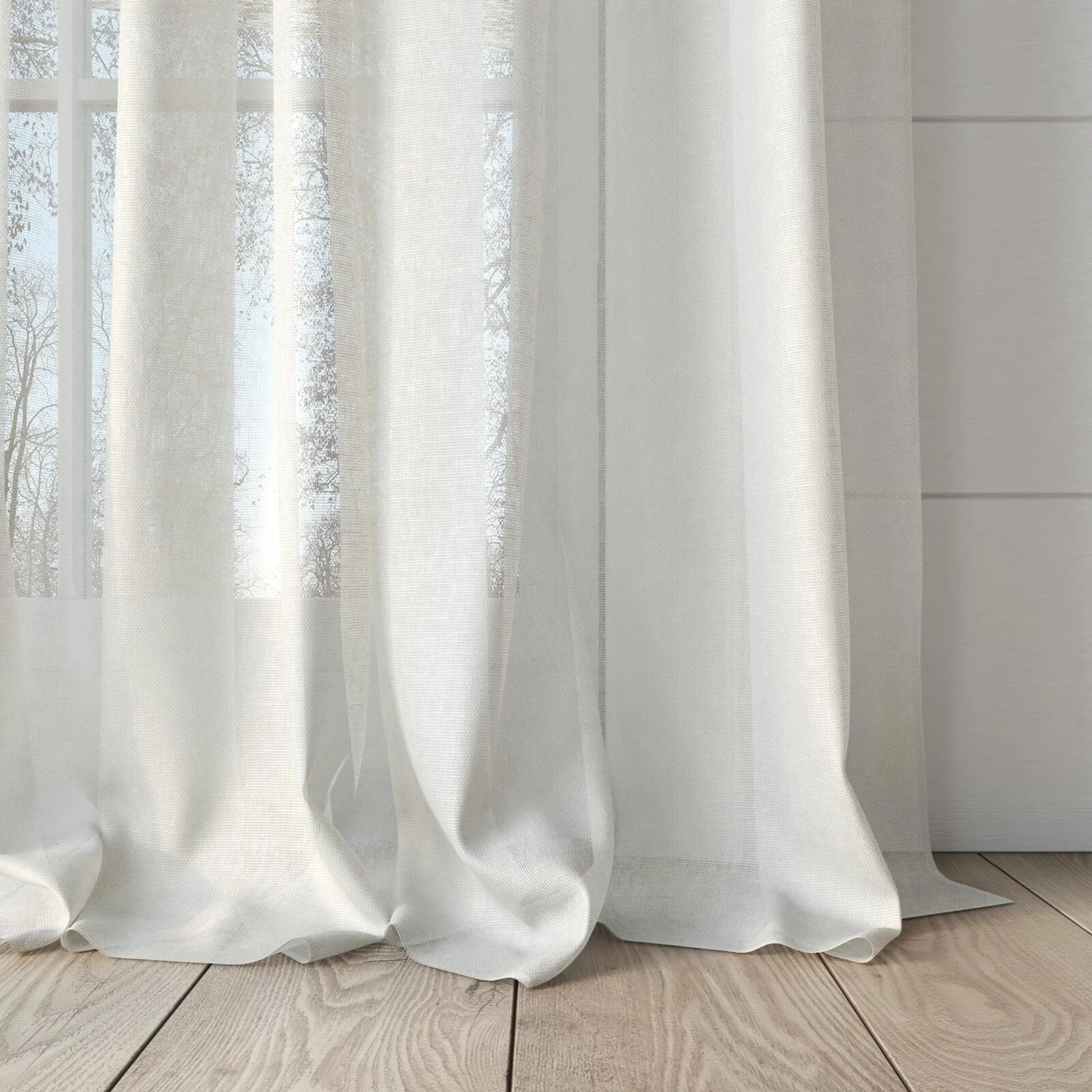 Bottom view of Alcova Cream, puddled, on curtain rod