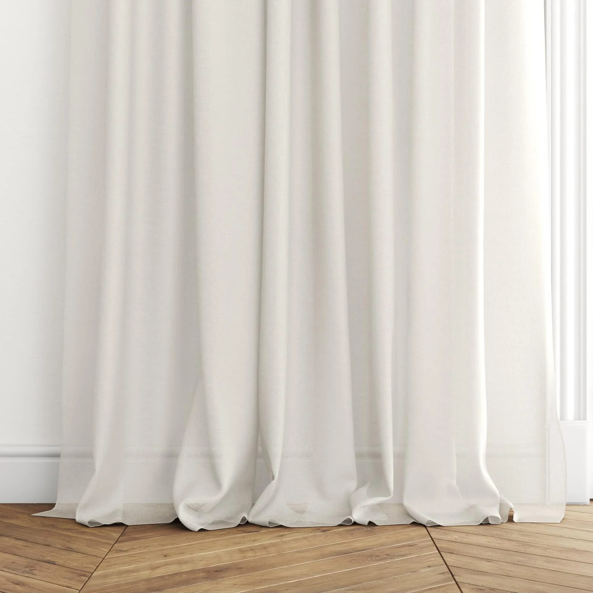 Bottom view of Alcova Greige, puddled with pinch pleat, on curtain rod