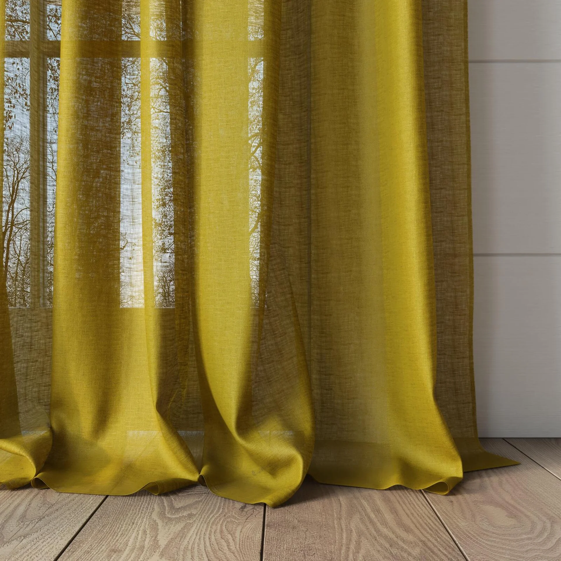 Bottom view of Kanso Stonewash Chartreuse, puddled, on curtain rod