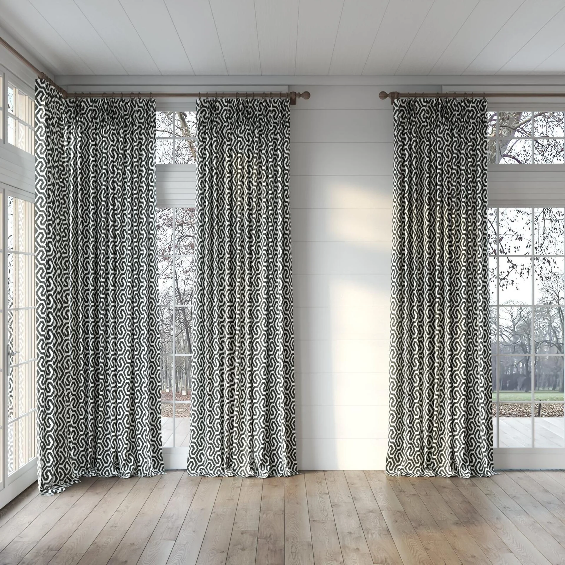 Full view of Comdeca Liquorice, puddled, on curtain rod