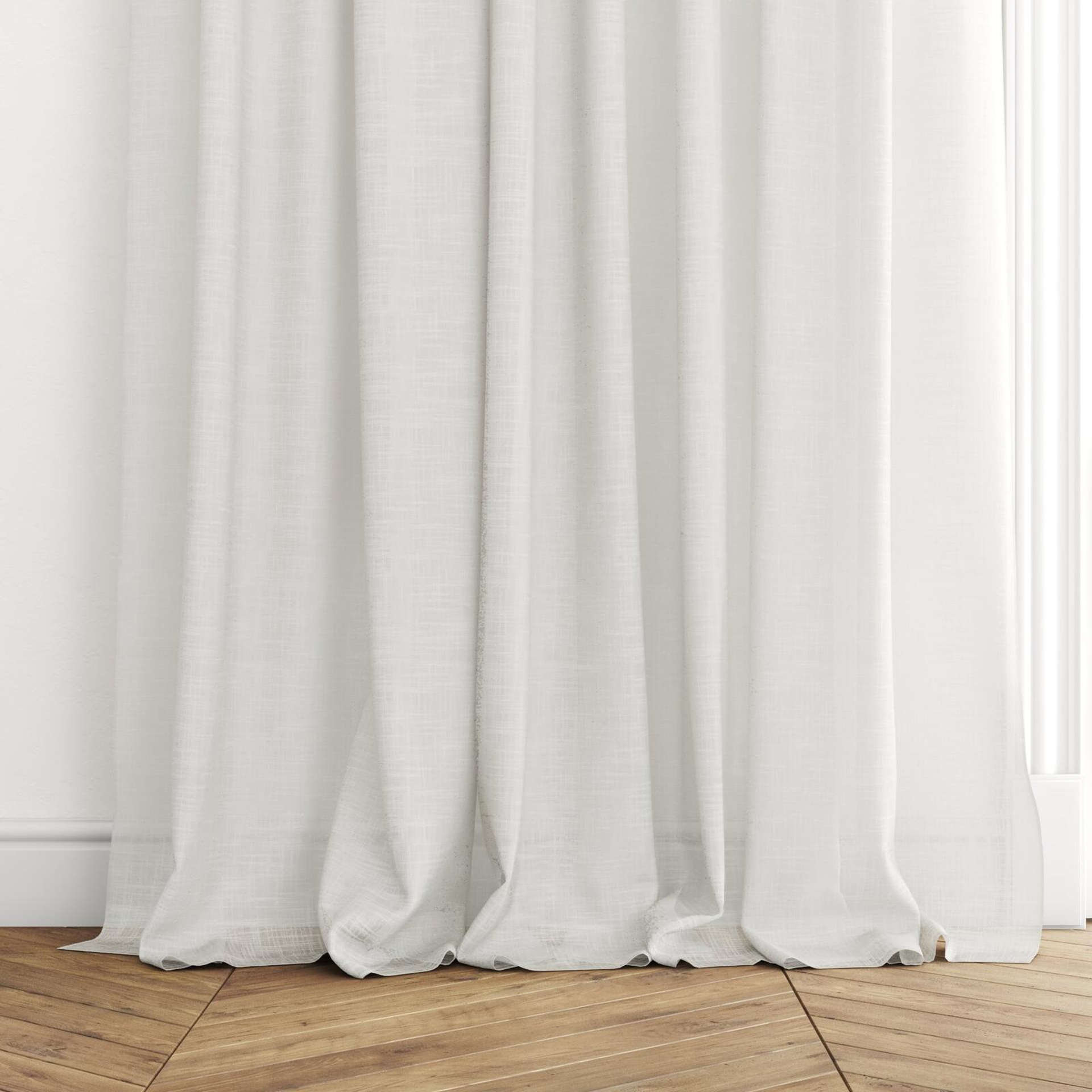 Bottom view of Savina Pearl, puddled with pinch pleat, on curtain rod