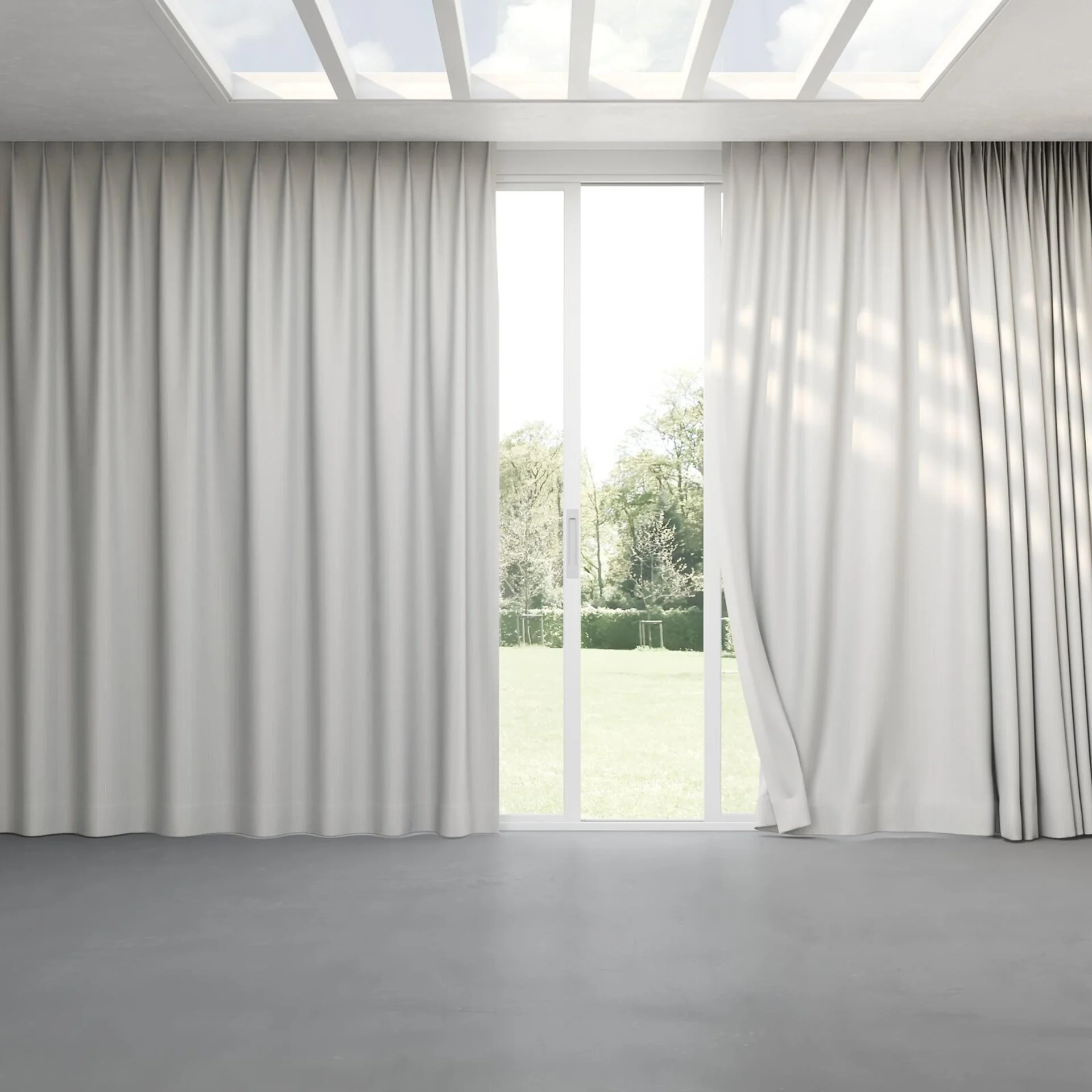 Full view of Sinuous Chrome, pinch pleat