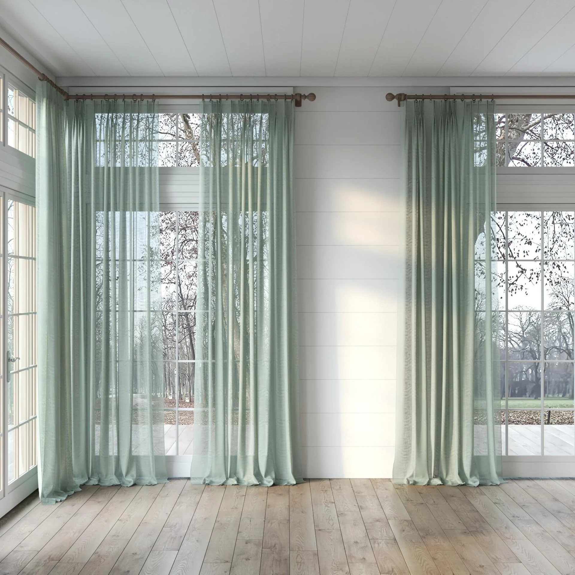 Full view of Verdant Sage, puddled, on curtain rod