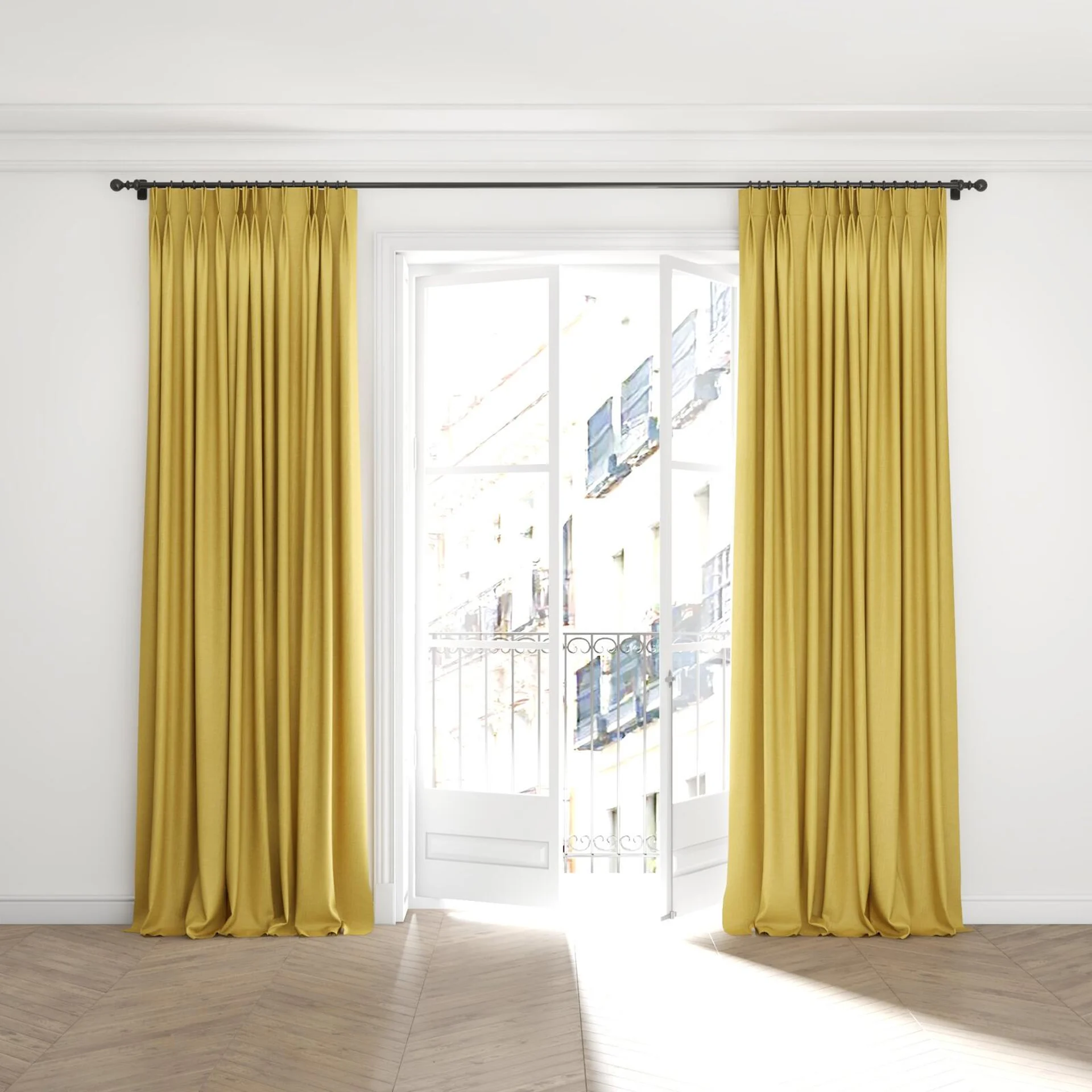 Full view of Casual Gold, puddled with pinch pleat, on curtain rod