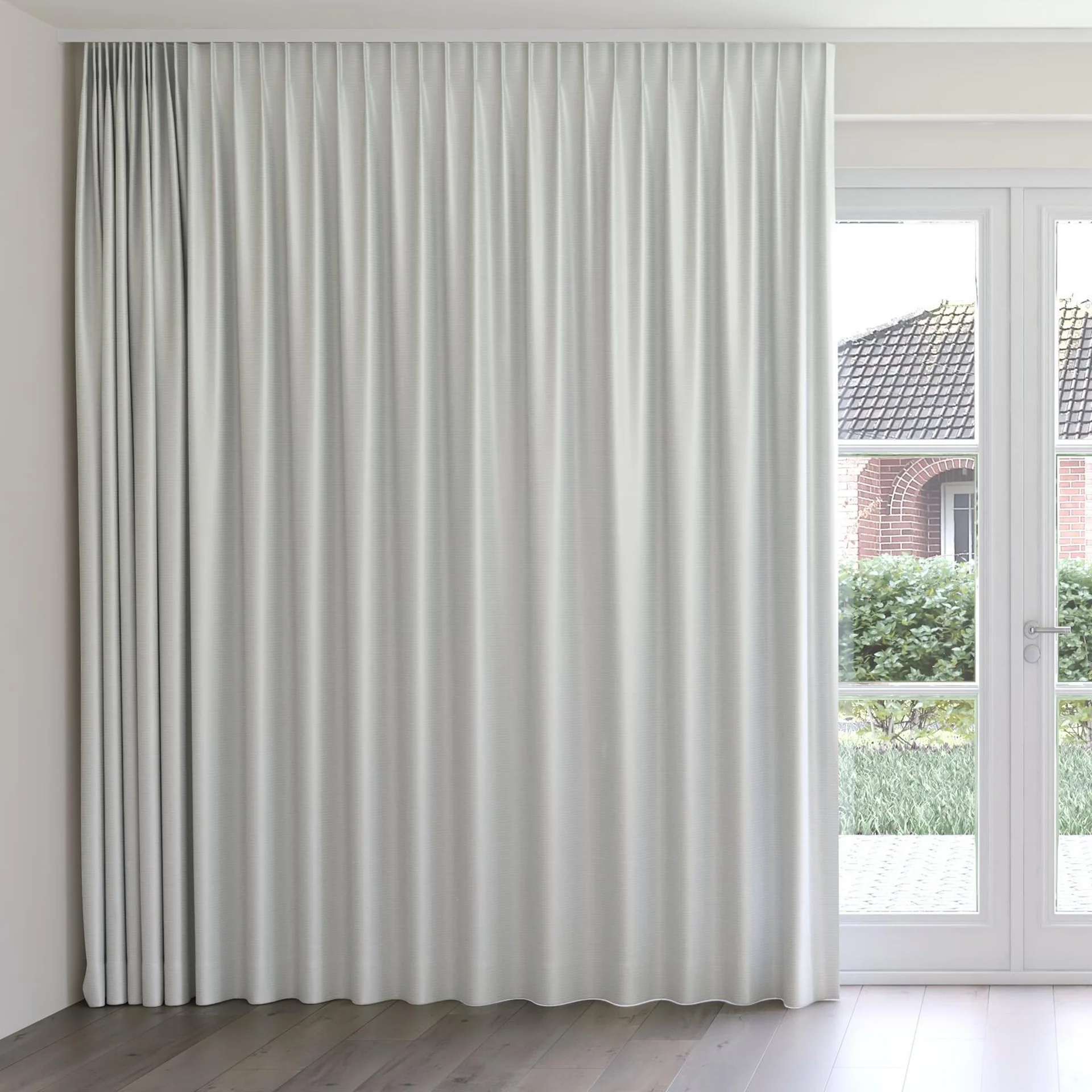Front view of Kennedy II Blackout Whitewash, on curtain rail