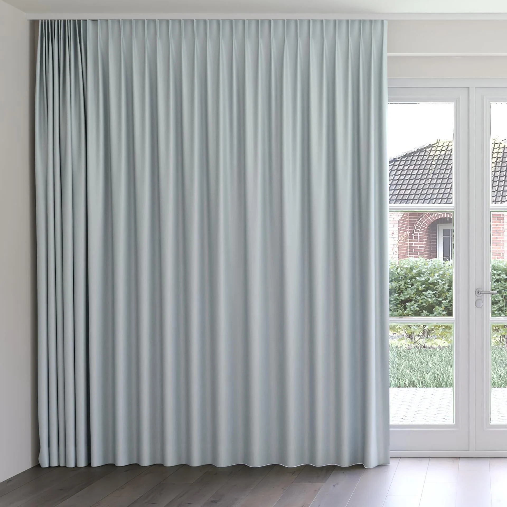 Front view of Eclipse Blackout Duckegg, on curtain rail