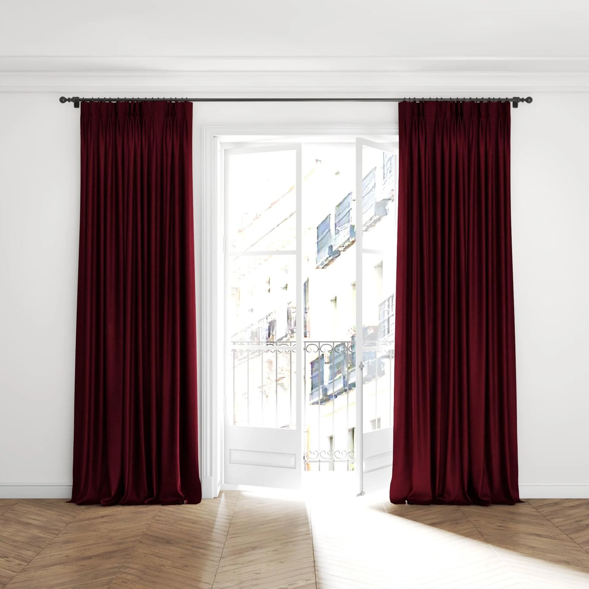 Full view of Hug Burgundy, puddled with pinch pleat, on curtain rod