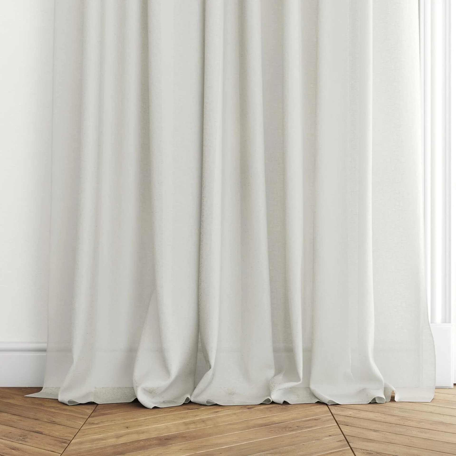 Bottom view of Laconia Air Ecru, puddled with pinch pleat, on curtain rod