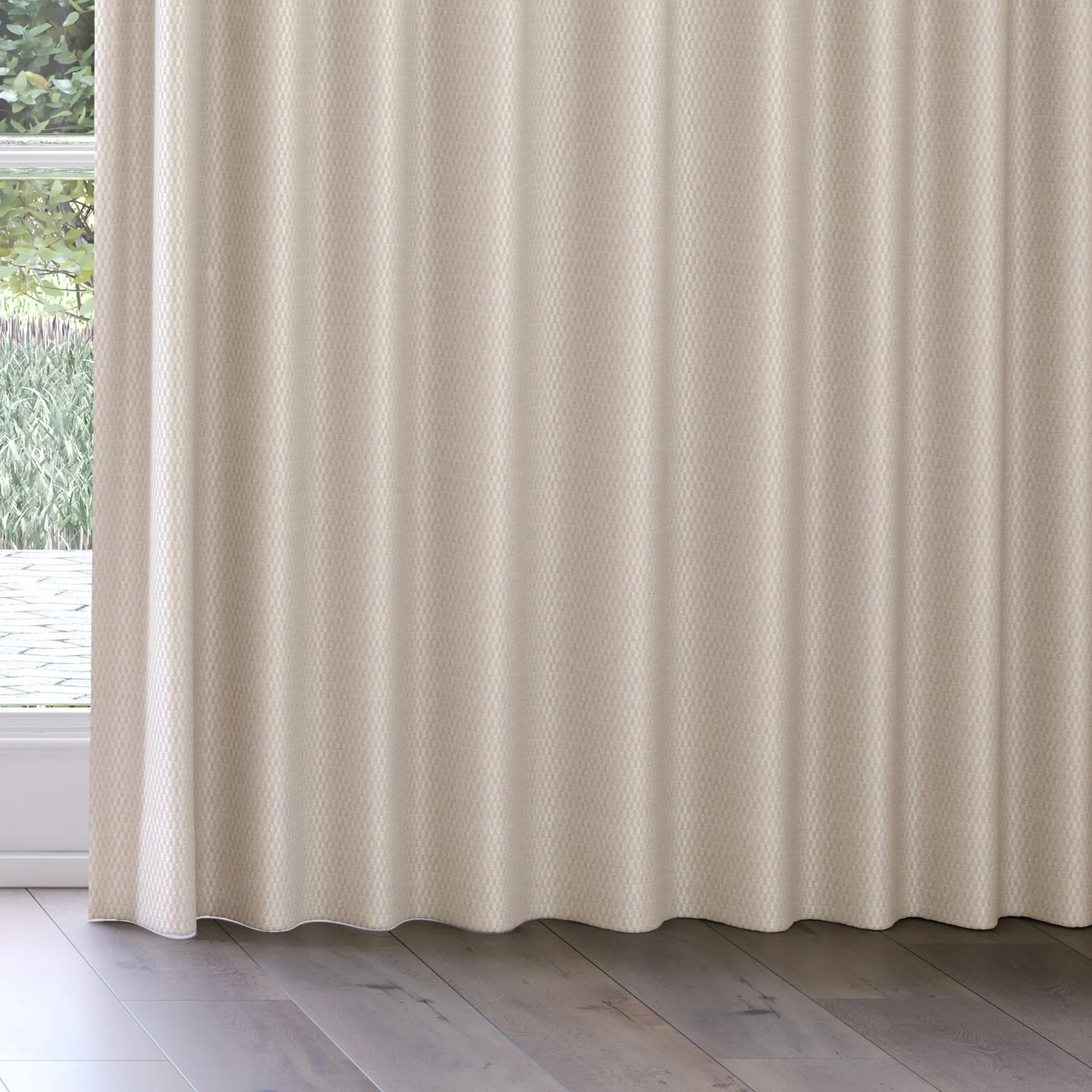 Bottom view of Manalapan Ecru, on curtain rail