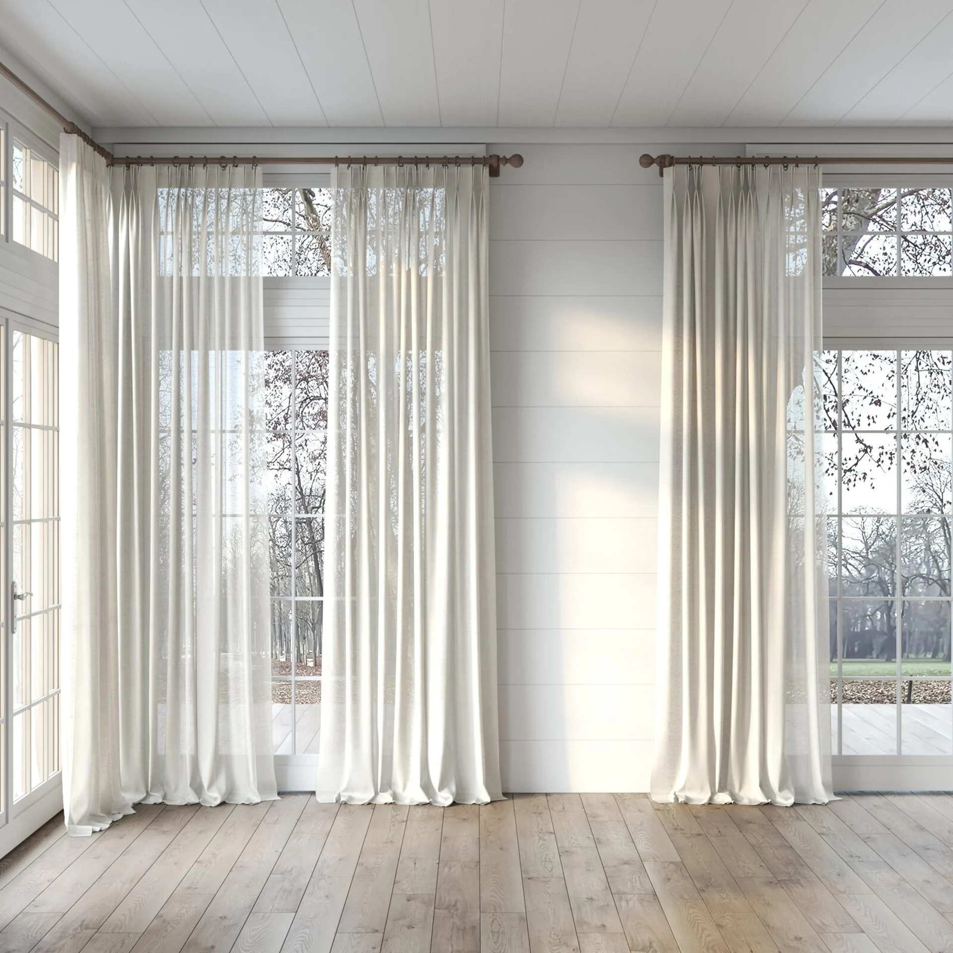 Full view of Fabiola Dune, puddled, on curtain rod
