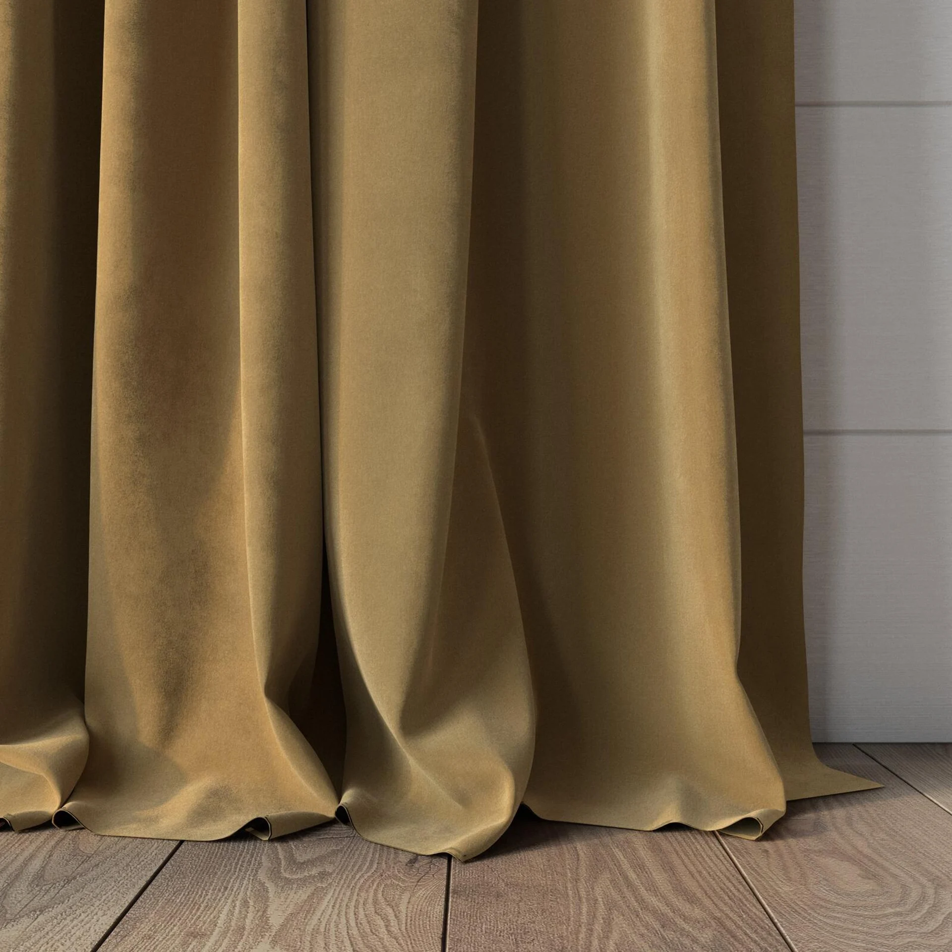 Bottom view of Lux Velvet Caramel 8309, puddled, on curtain rod