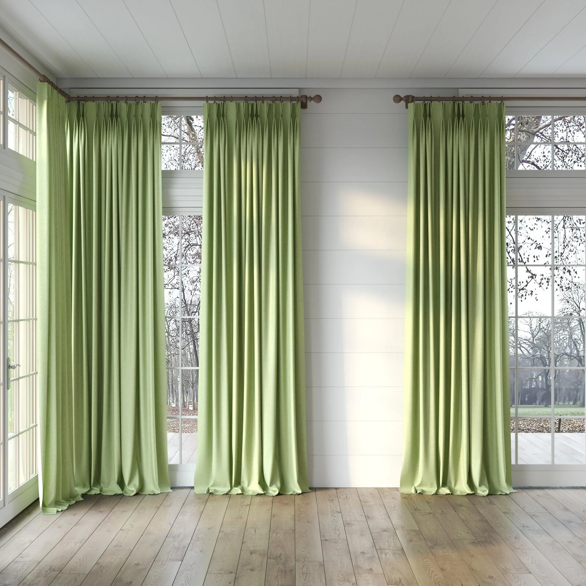 Full view of Hometown Tarragon, puddled, on curtain rod