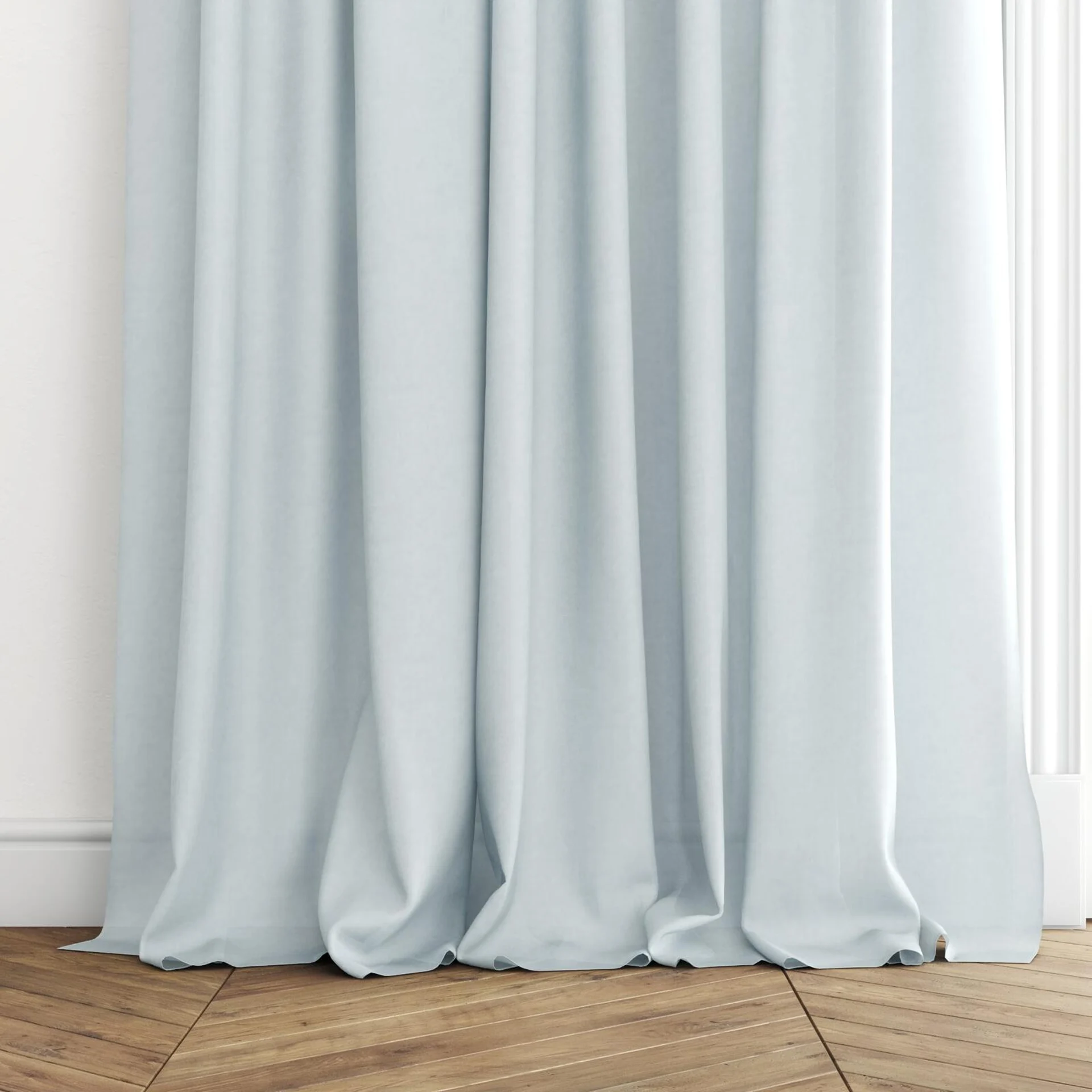 Bottom view of Flo II Frost, puddled with pinch pleat, on curtain rod