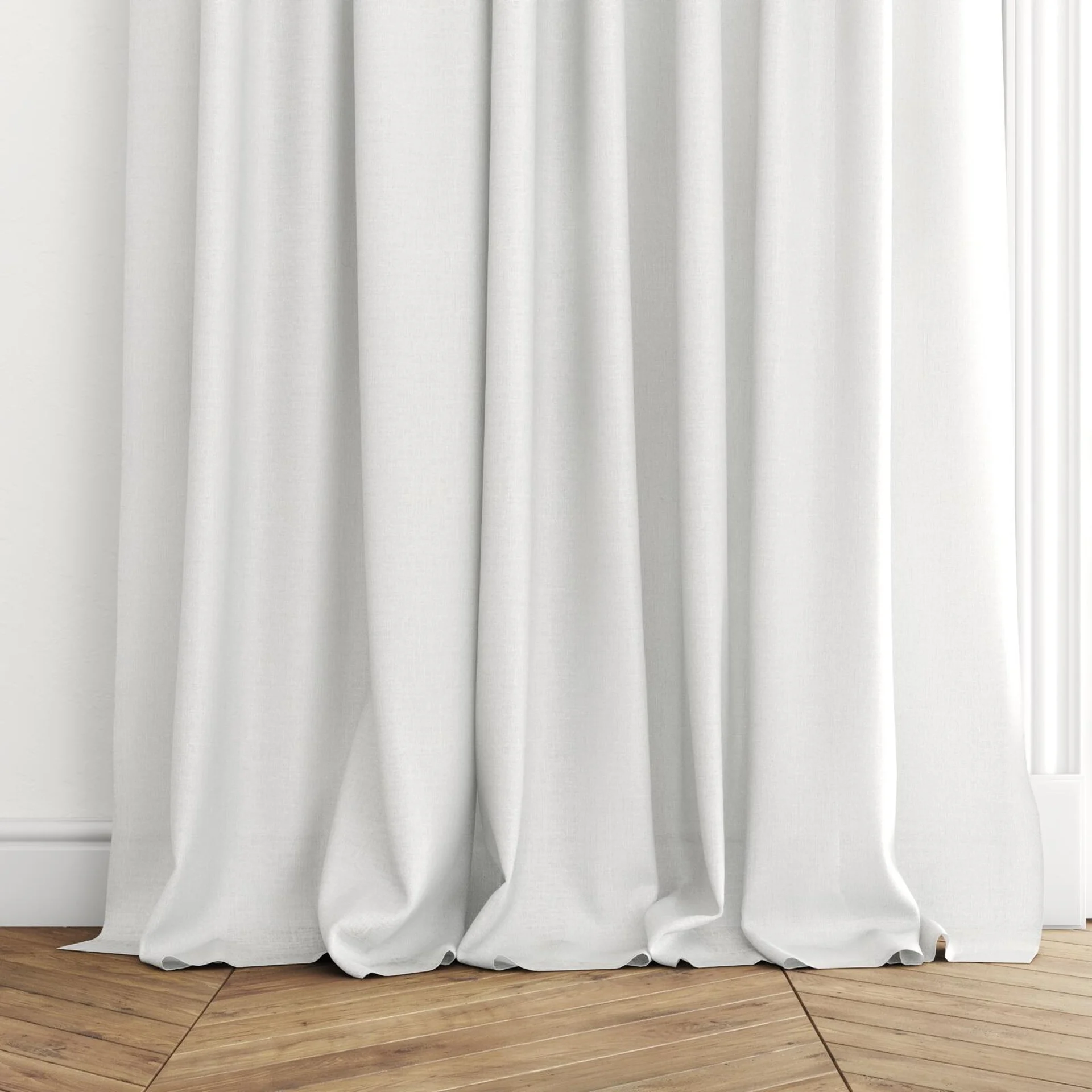 Bottom view of Elisabeth Snow, puddled with pinch pleat, on curtain rod