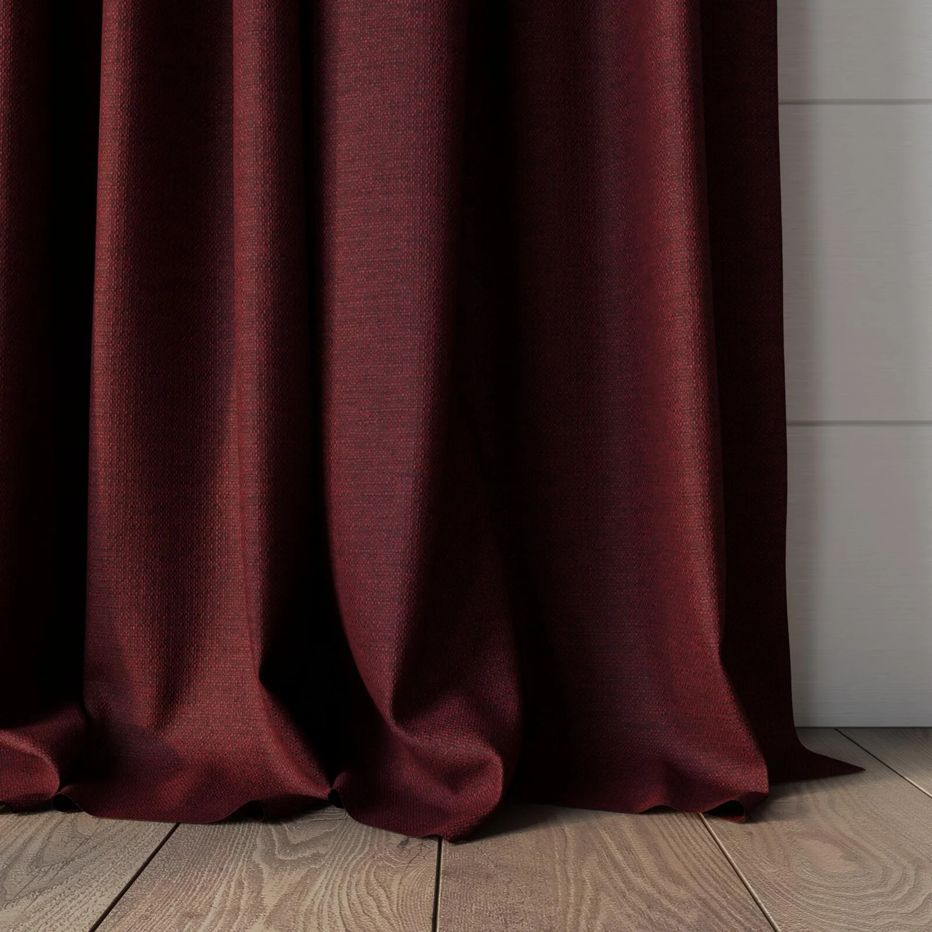 Bottom view of Bravo Beaujolais, puddled, on curtain rod