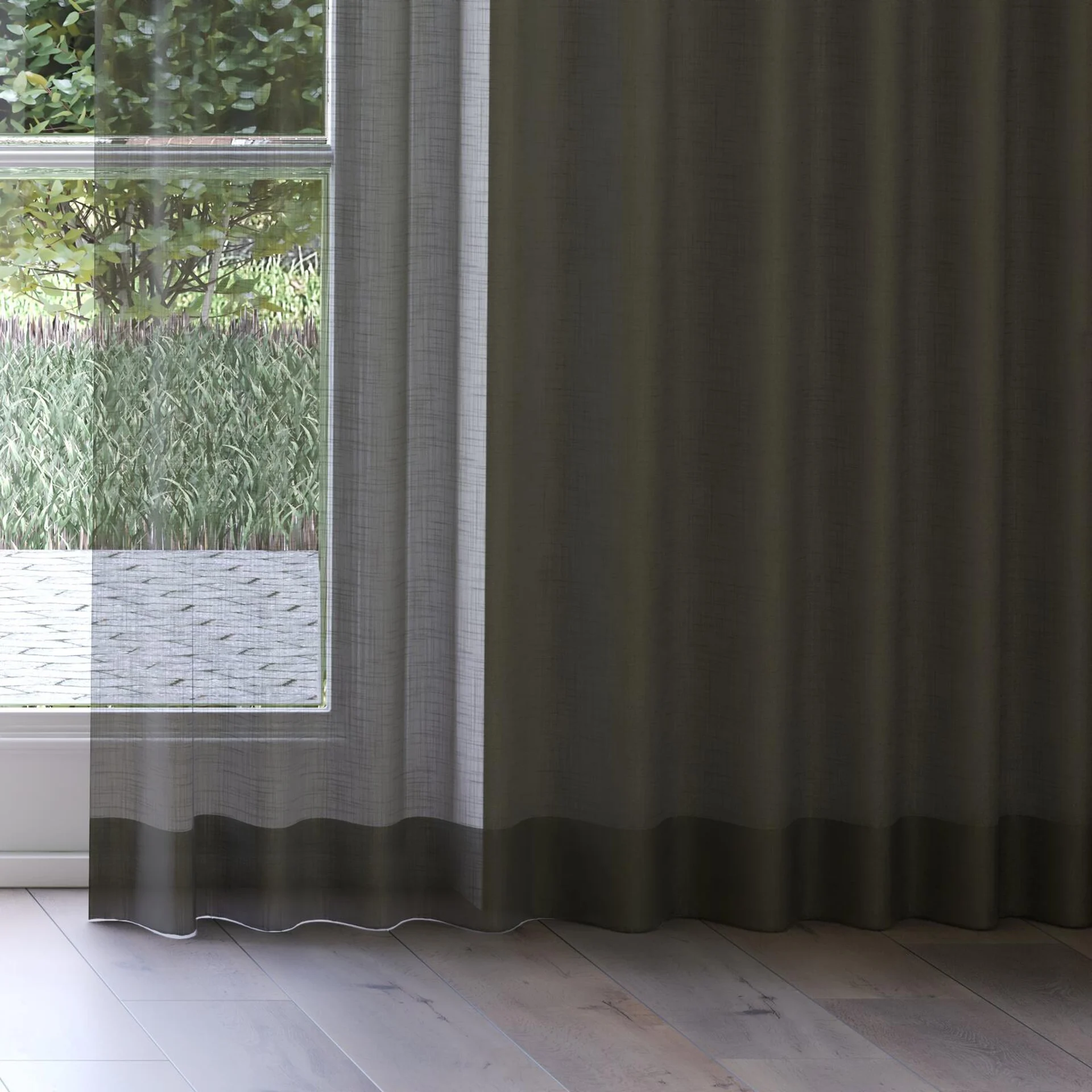 Bottom view of Kumo Recycled Moss, on curtain rail