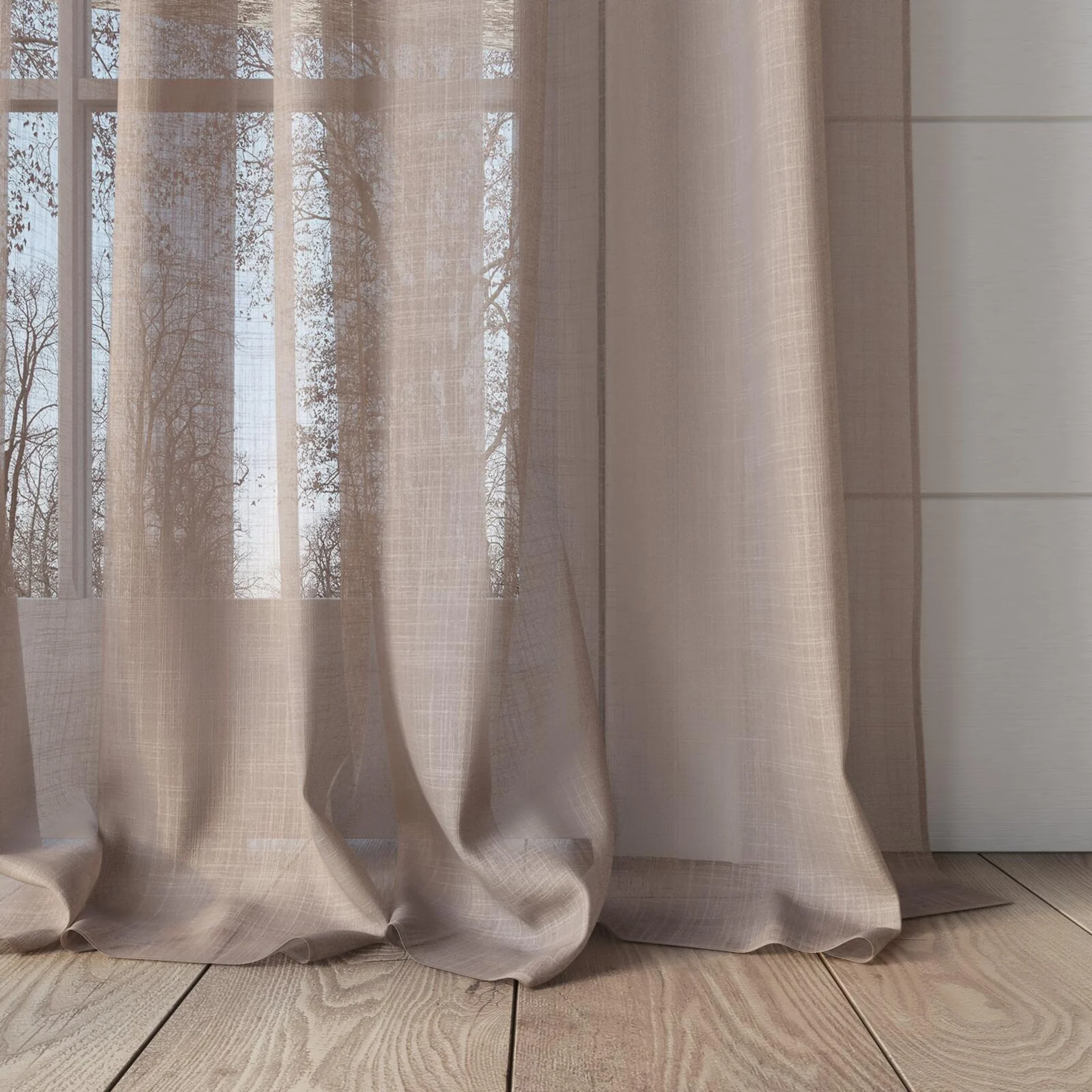 Bottom view of Kumo Recycled Blush, puddled, on curtain rod