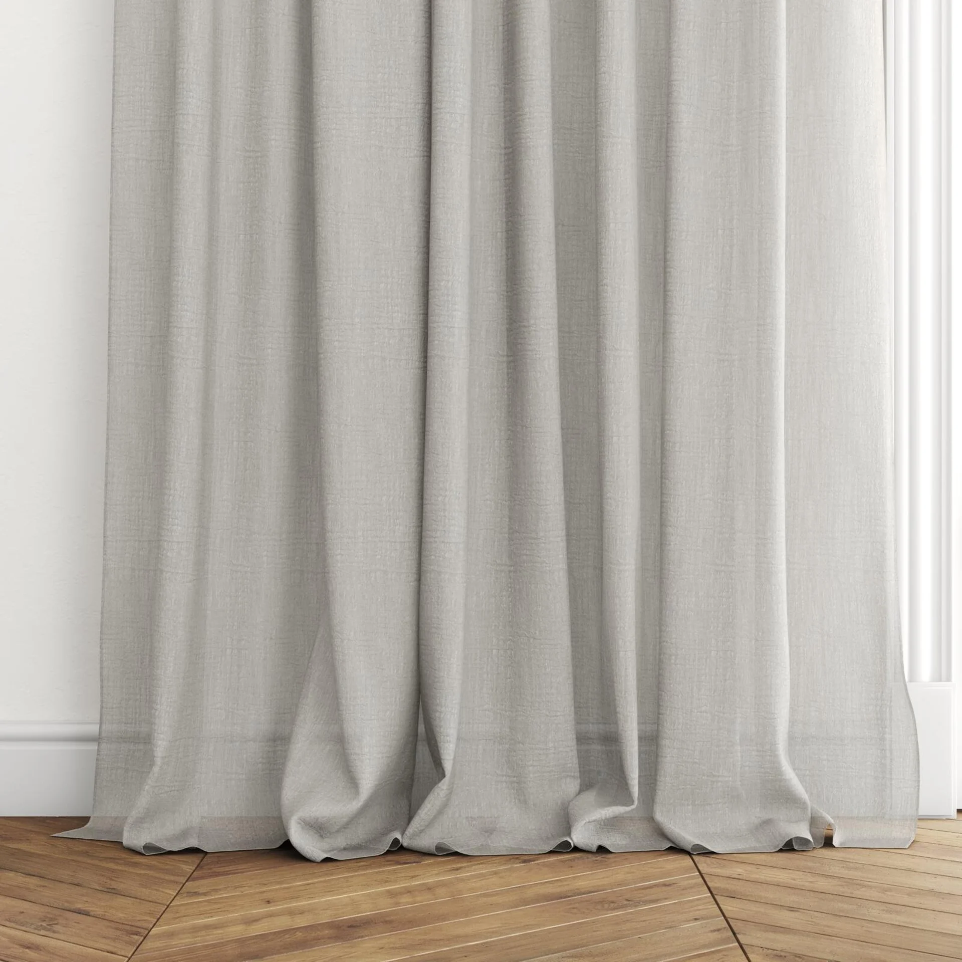 Bottom view of Vapour Smoke, puddled with pinch pleat, on curtain rod