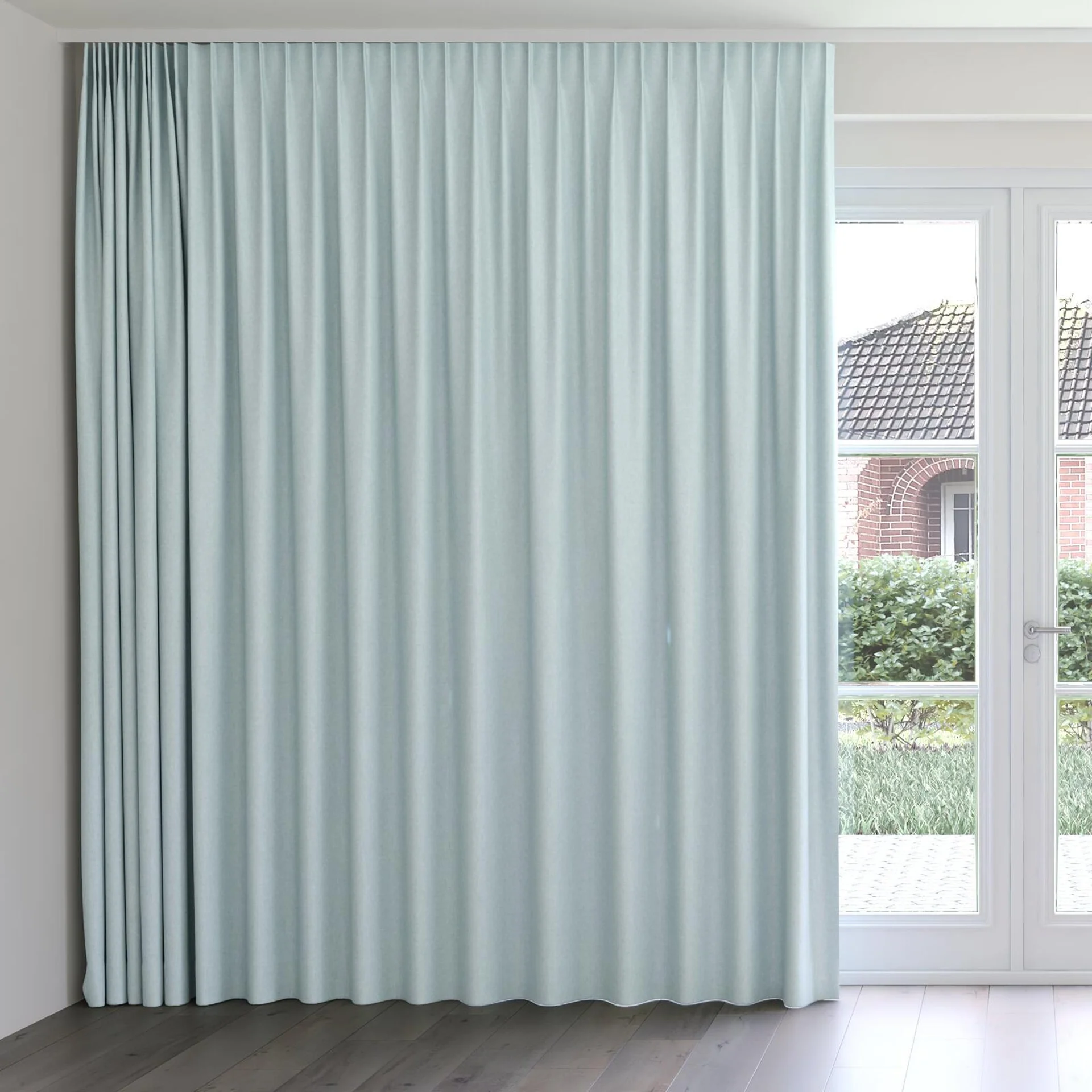 Front view of Hometown Aqua, on curtain rail