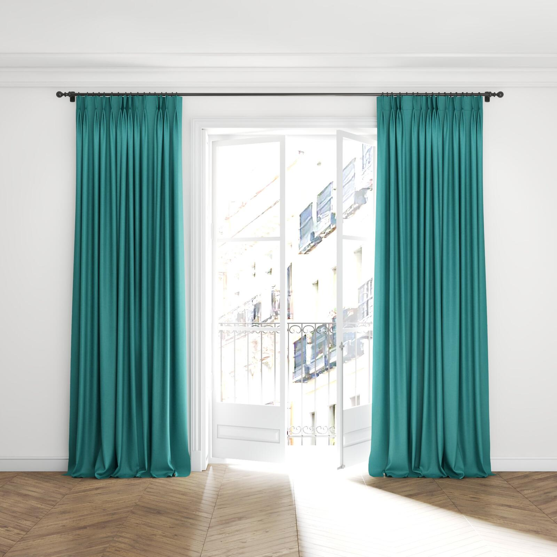Full view of Cushy Teal, puddled with pinch pleat, on curtain rod