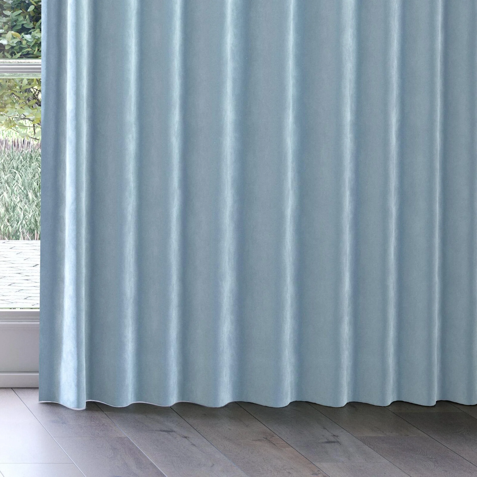 Bottom view of Lux Velvet Sky 8804, on curtain rail