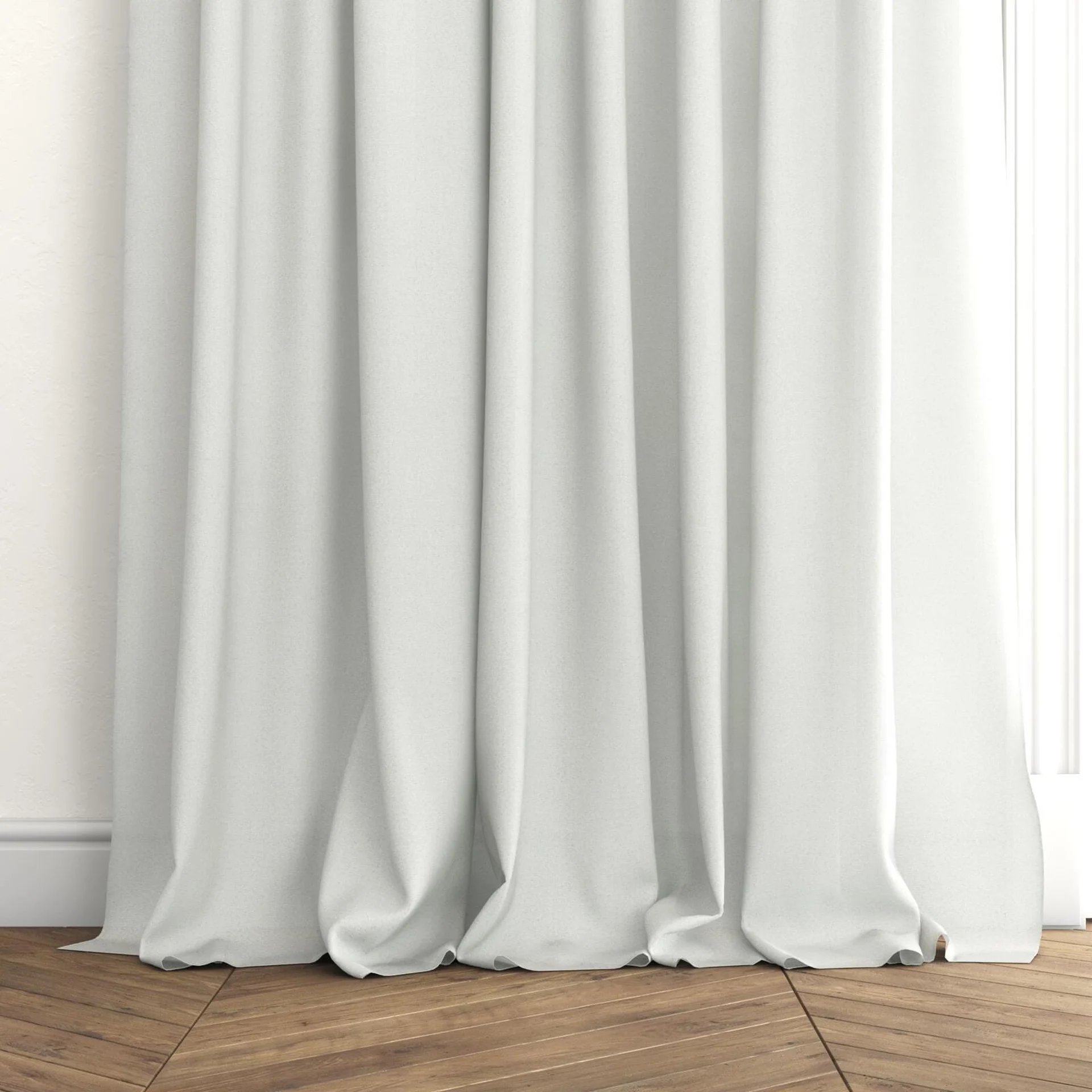 Bottom view of Rava Swan, puddled with pinch pleat, on curtain rod