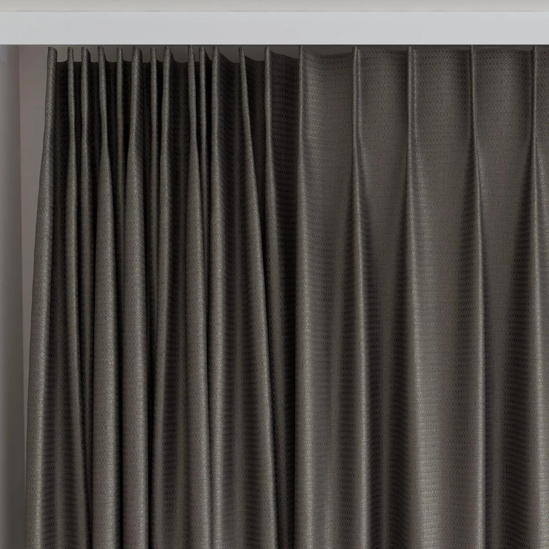 Top view of Kennedy II Blackout Teak, on curtain rail