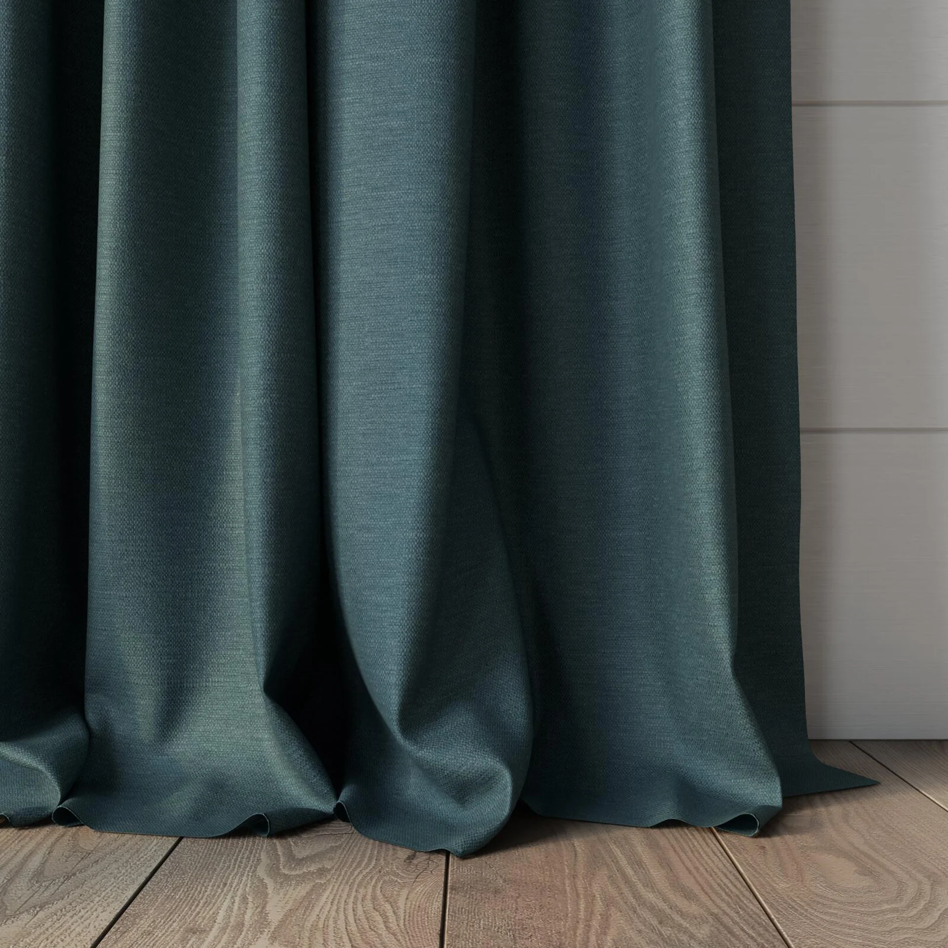 Bottom view of Colourwash Eco Teal, puddled, on curtain rod